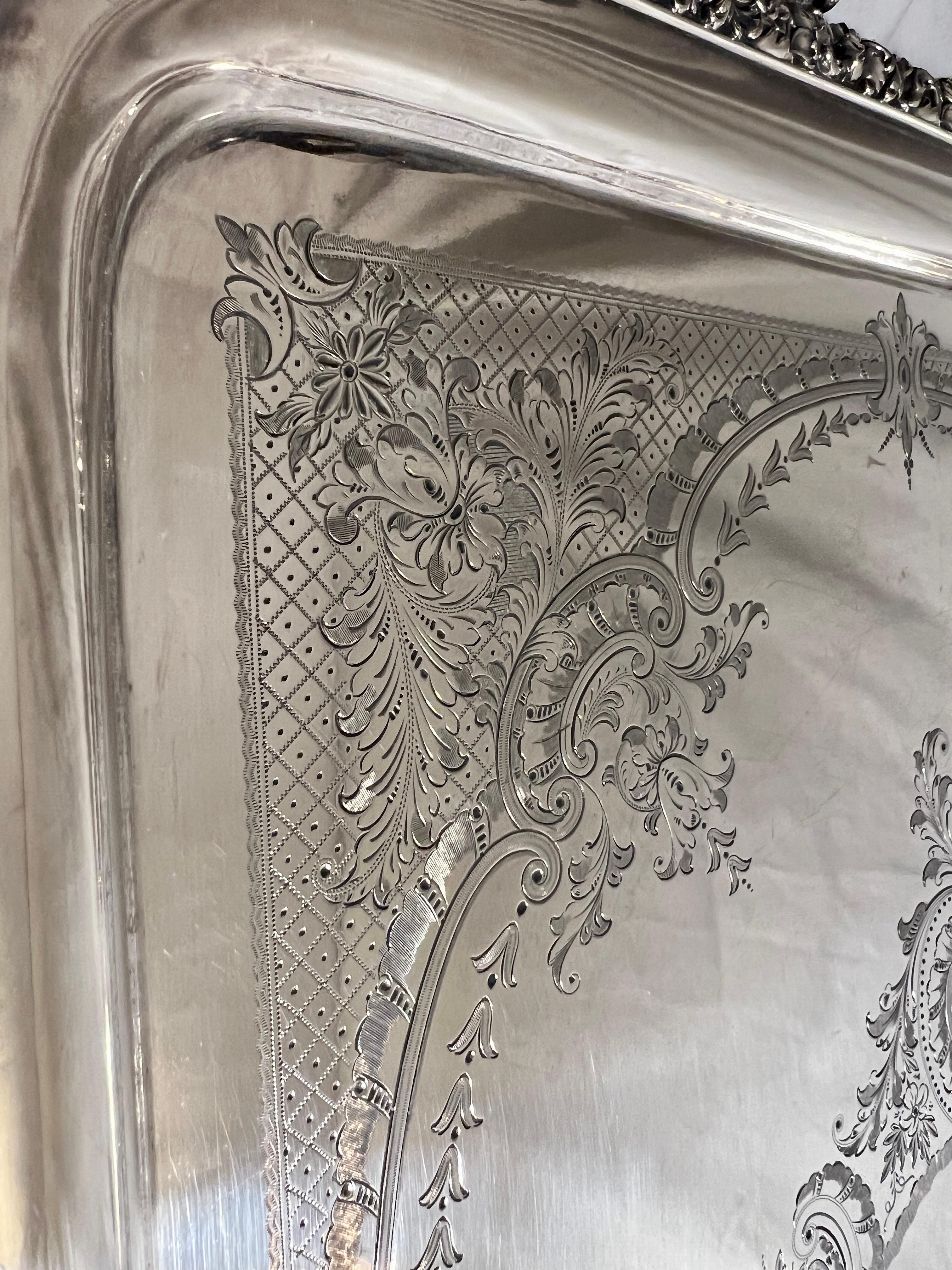 Antique Silver Plated Service Tray with Engraving and Rolled Border, Circa 1890. For Sale 1