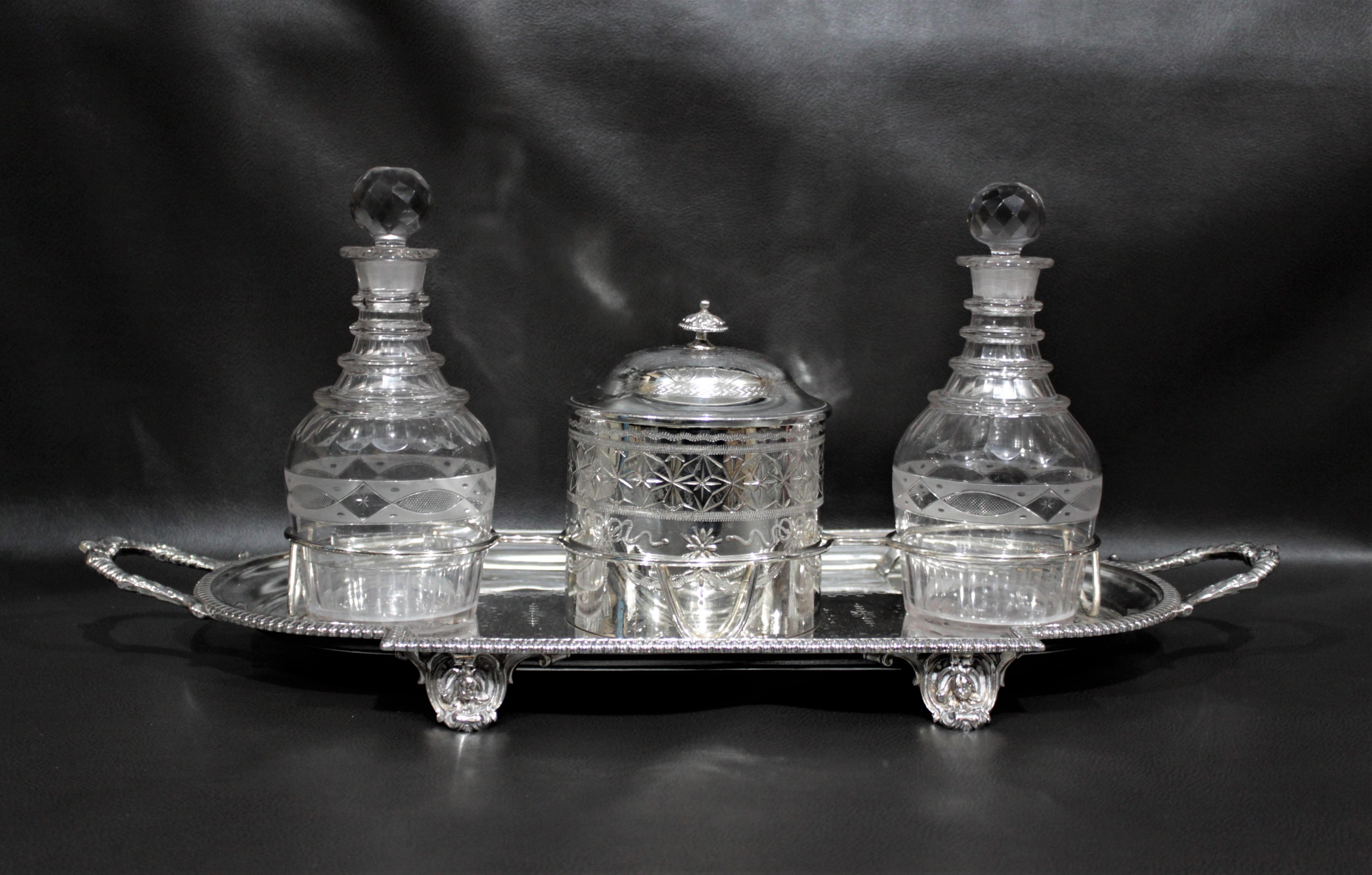 Antique Silver Plated Sherry Stand with Glass Decanters and Biscuit Barrel 9