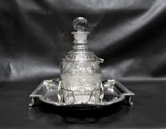 Antique Silver Plated Sherry Stand with Glass Decanters and Biscuit Barrel