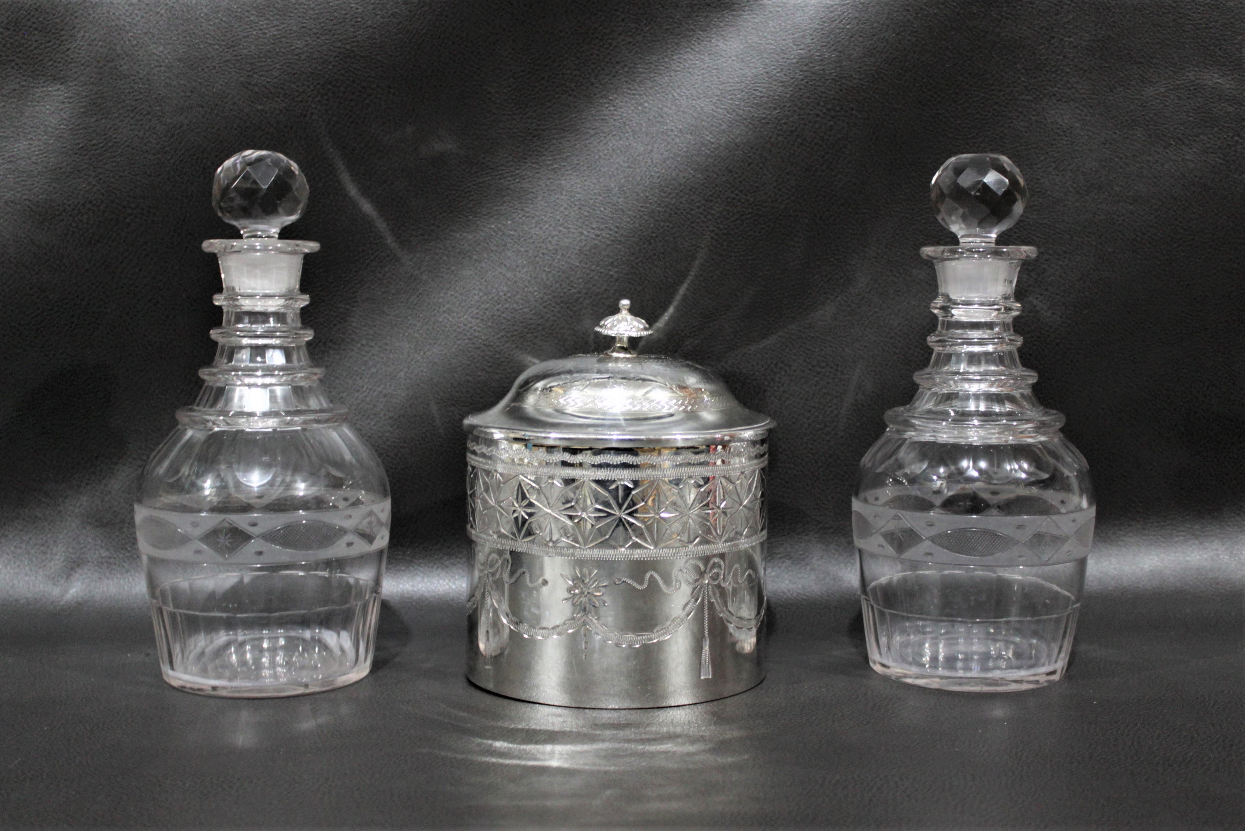 20th Century Antique Silver Plated Sherry Stand with Glass Decanters and Biscuit Barrel