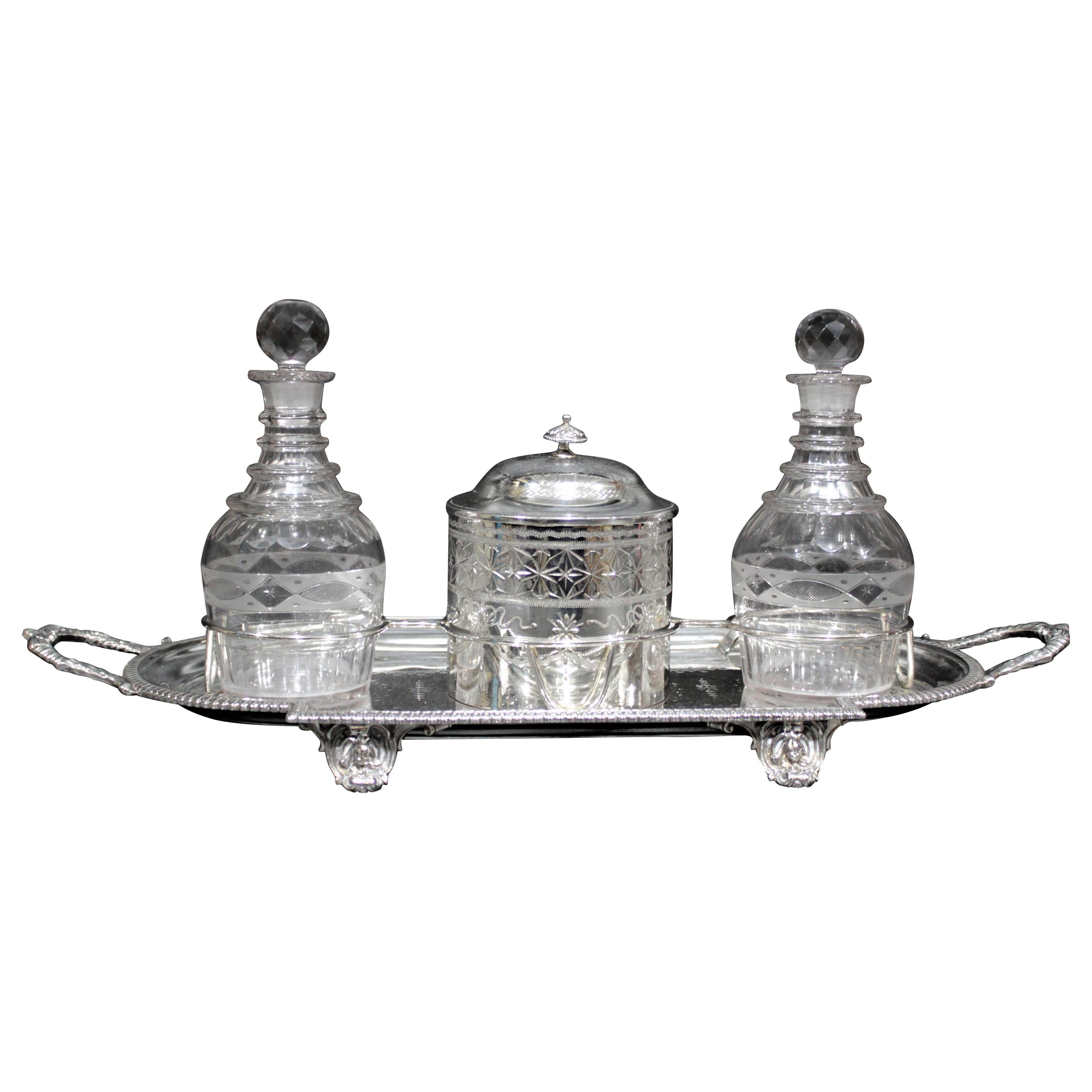 Antique Silver Plated Sherry Stand with Glass Decanters and Biscuit Barrel