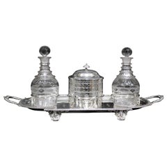 Used Silver Plated Sherry Stand with Glass Decanters and Biscuit Barrel