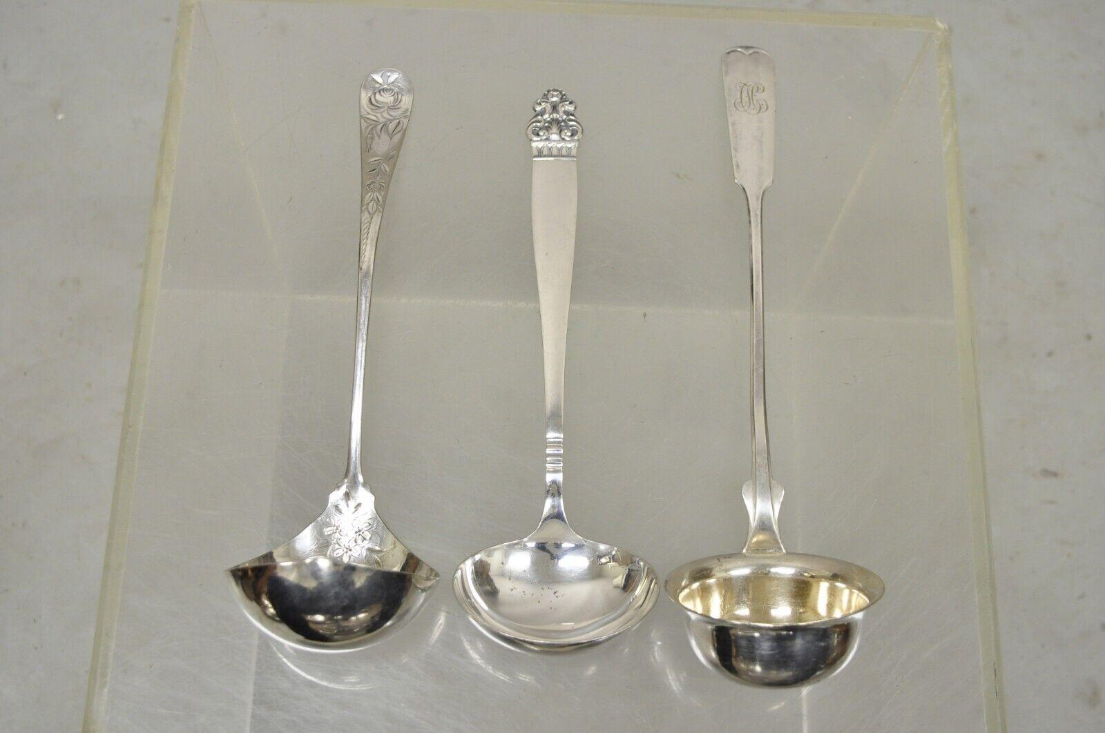 Antique Silver Plated Soup Spoon Ladles TH Marthinsen Holmes Edwards - 3 Pieces. Item features (3) Soup ladles, (1) by TH Marthinsen, Norway, (1) Holmes Edwards (1) Unmarked, very nice vintage pieces. 
circa Mid-20th century. Measurements: 12