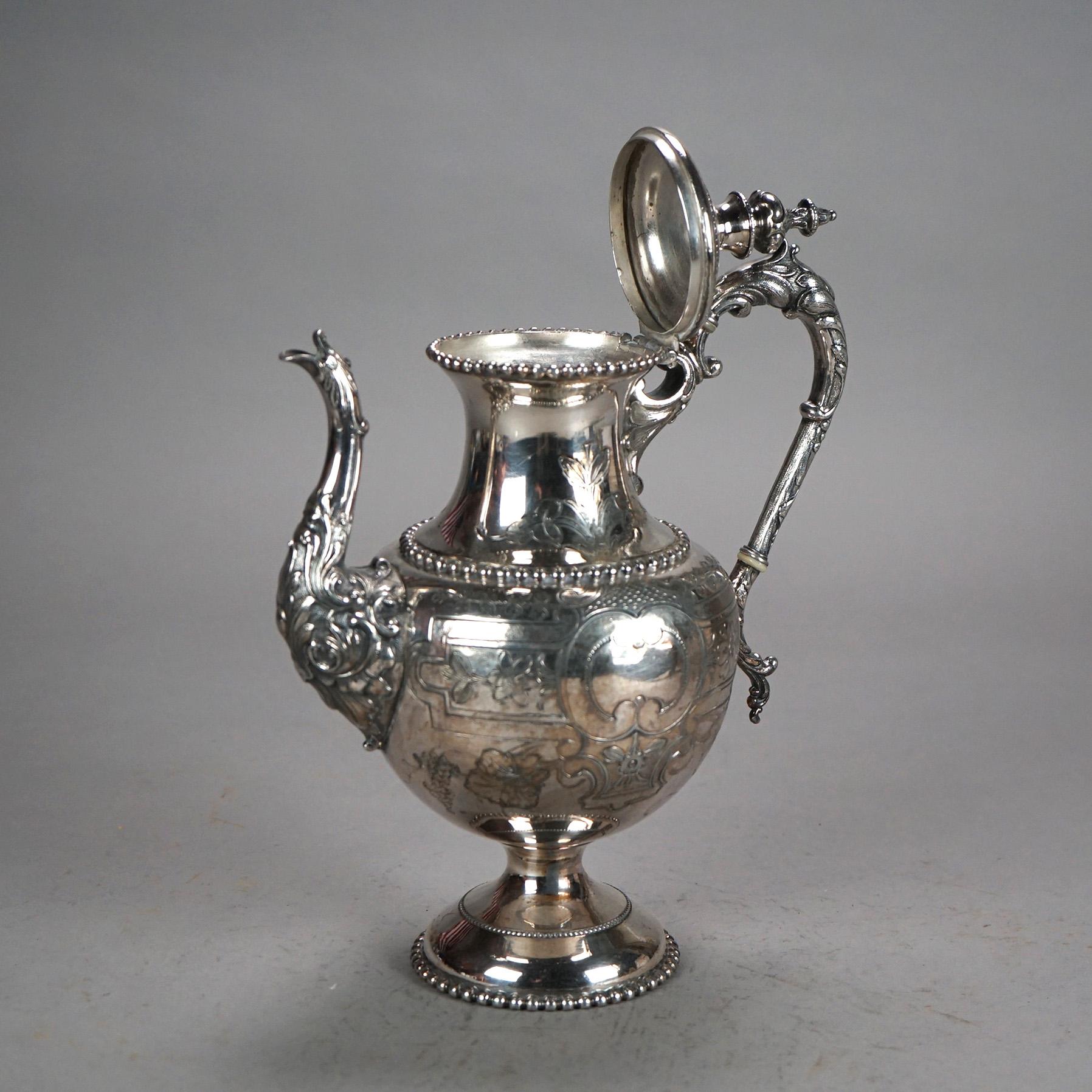 Antique Silver Plated Teapot with Foliate Engraving C1890 In Good Condition In Big Flats, NY