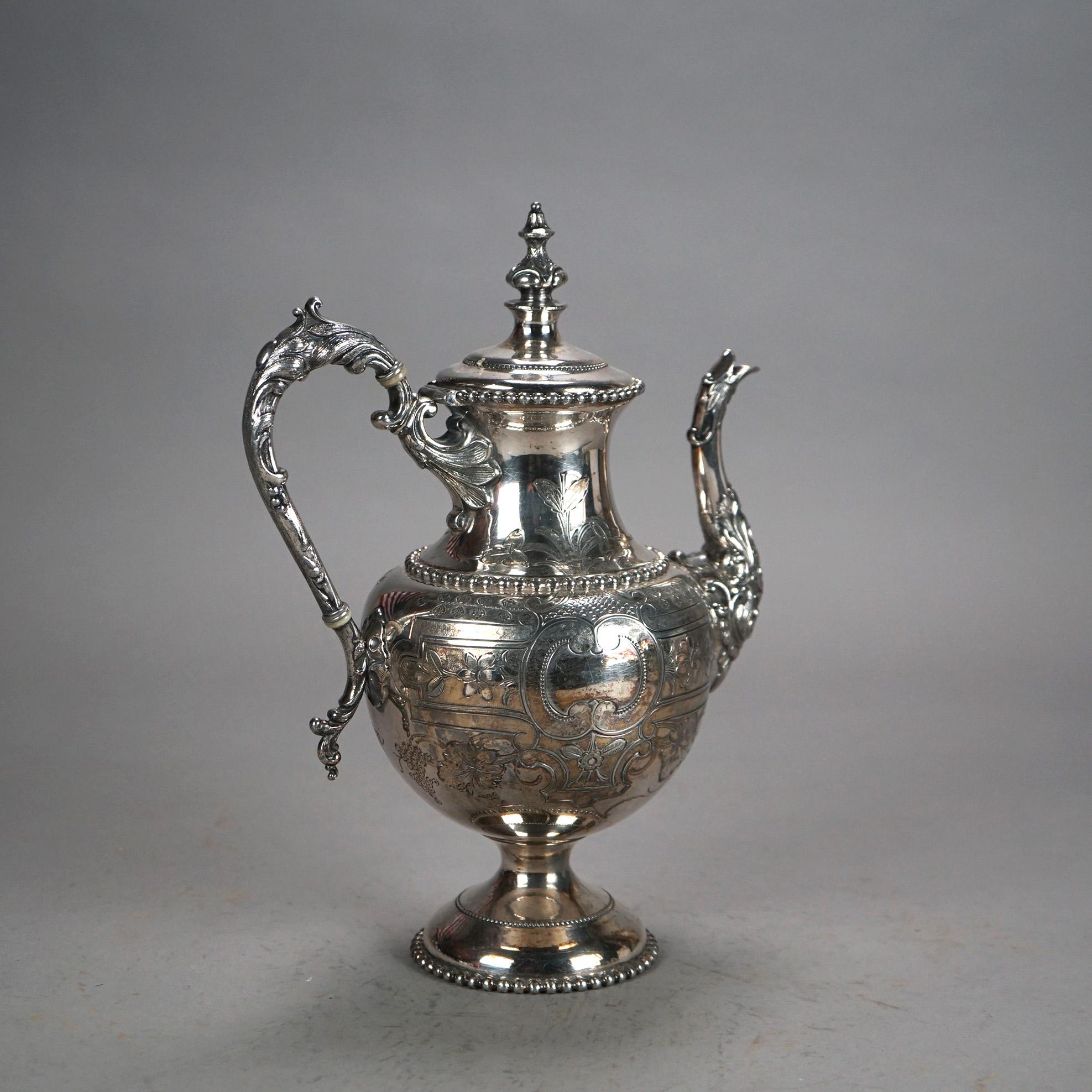 Antique Silver Plated Teapot with Foliate Engraving C1890 2