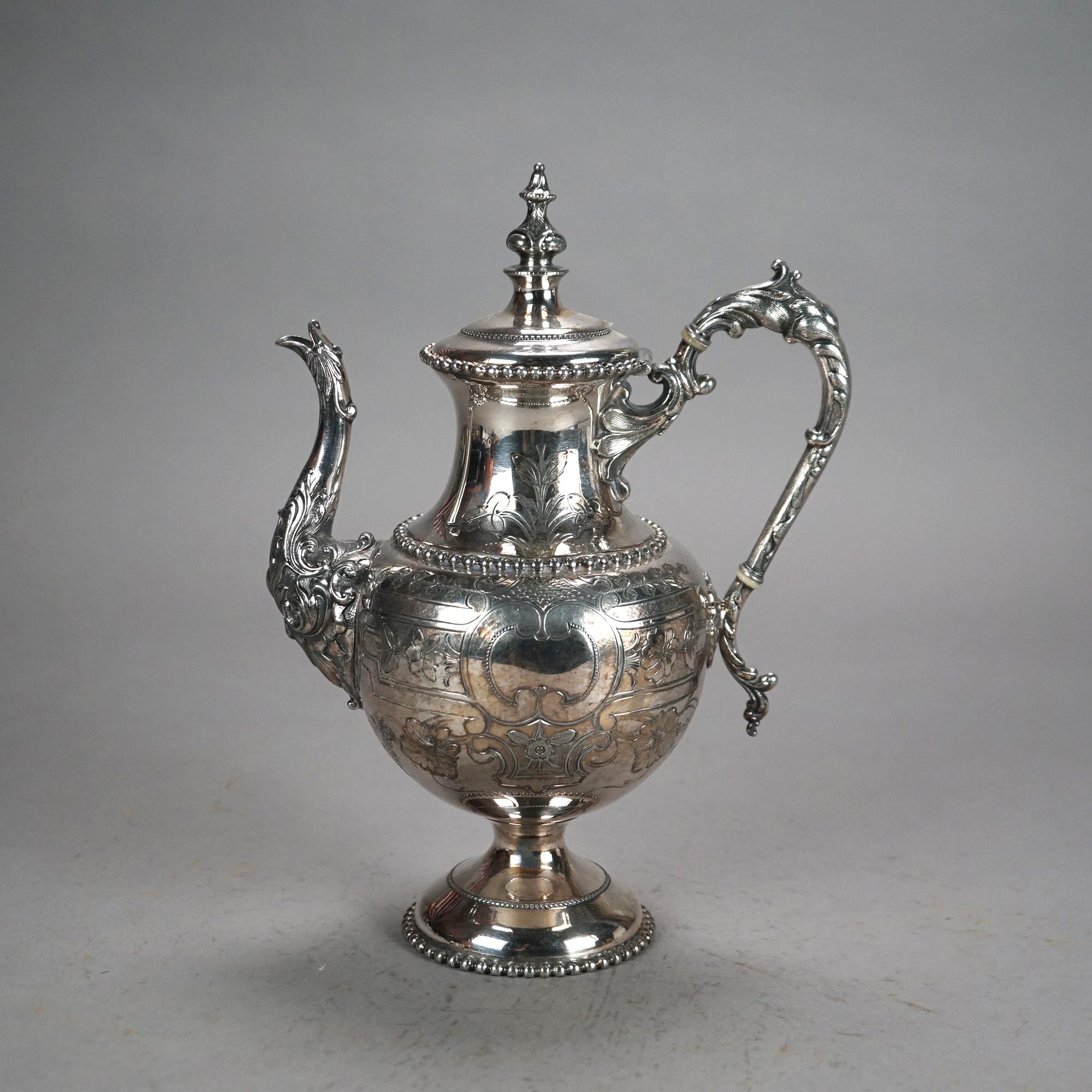 Antique Silver Plated Teapot with Foliate Engraving C1890 3