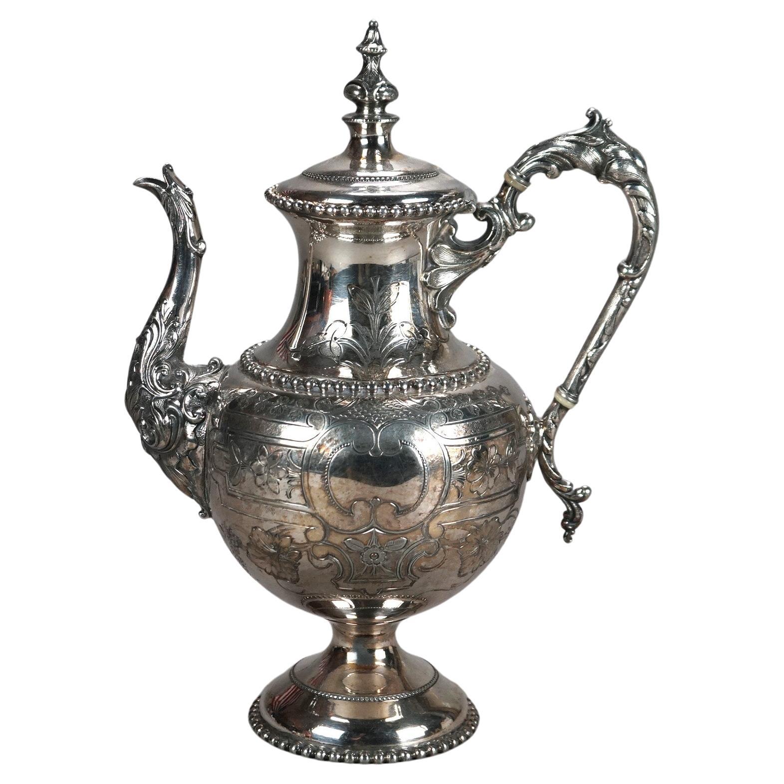Antique Silver Plated Teapot with Foliate Engraving C1890