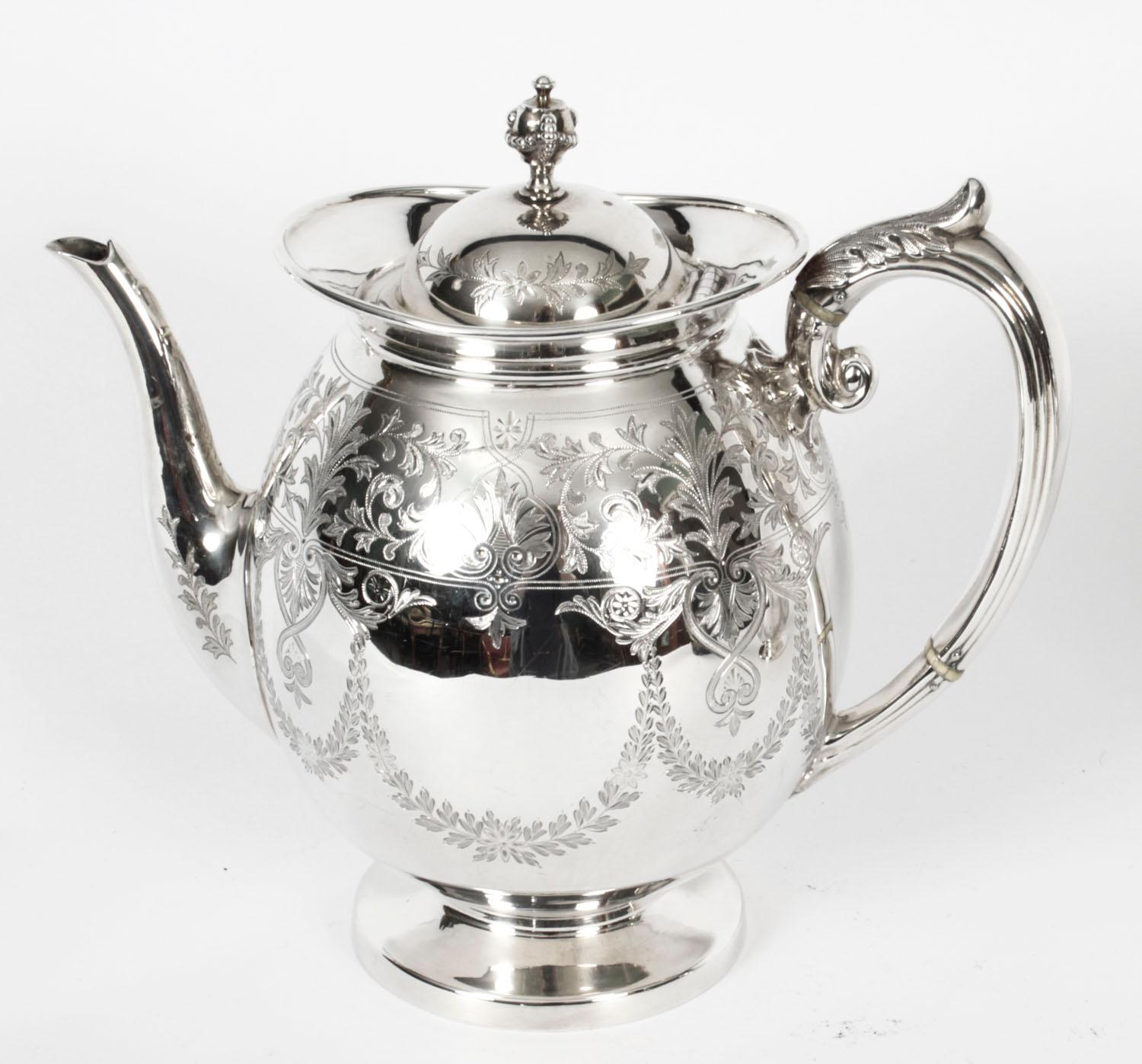 This is a wonderful English antique Victorian three piece silver plated tea set, bearing the makers mark HA for the renowned silversmith Atkin Brothers and Circa 1890 in ate.

It has superb engraved decoration, is raised on three elegant legs and