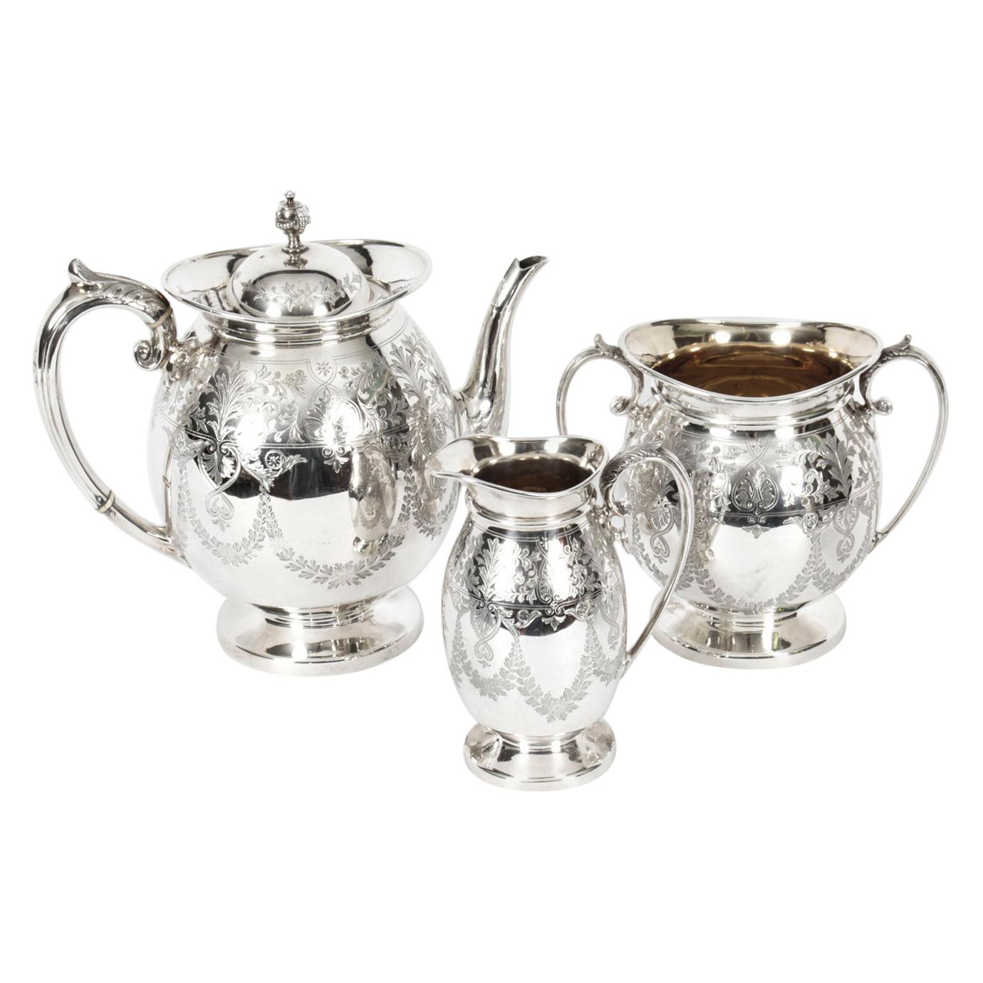 Antique Silver Plated Three Piece Tea Set Atkin Brothers, 19th Century