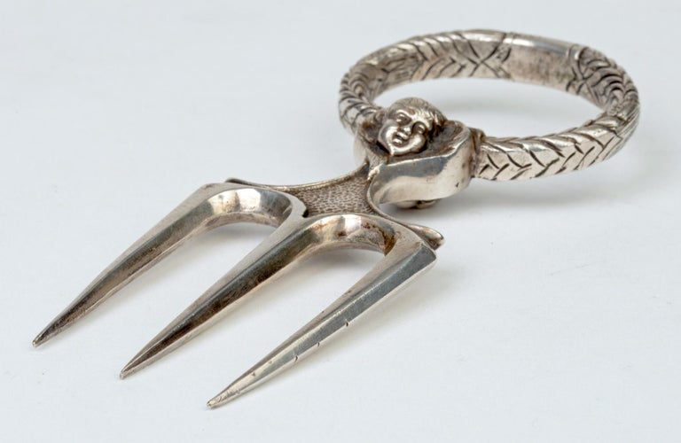 Antique Silver Plated Three Pronged Bread Fork with Angelic Heads For