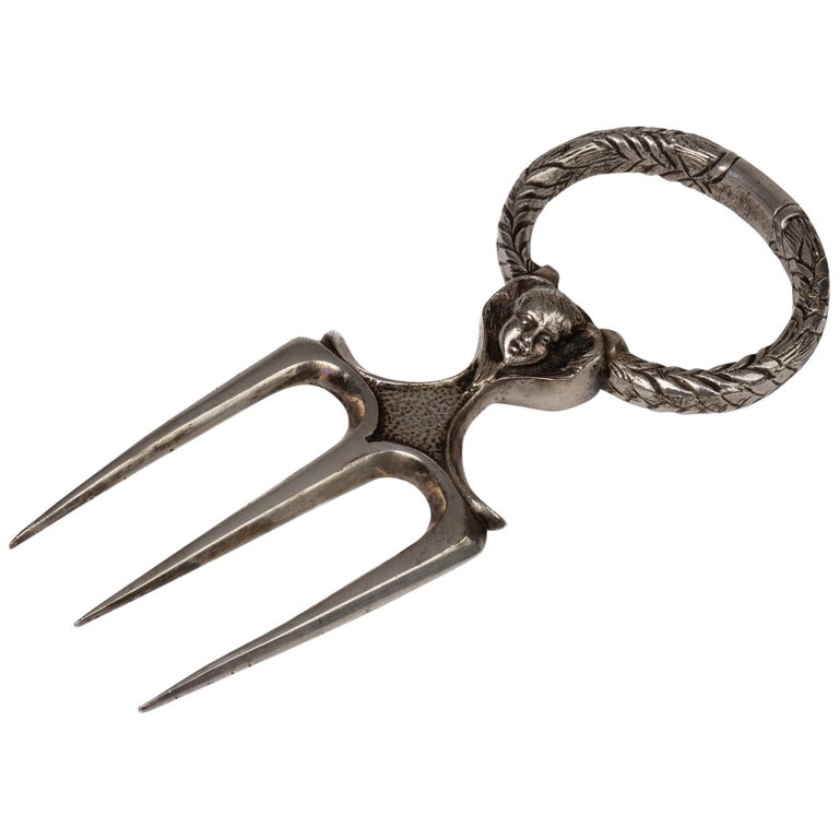 Antique Silver Plated Three Pronged Bread Fork with Angelic Heads For