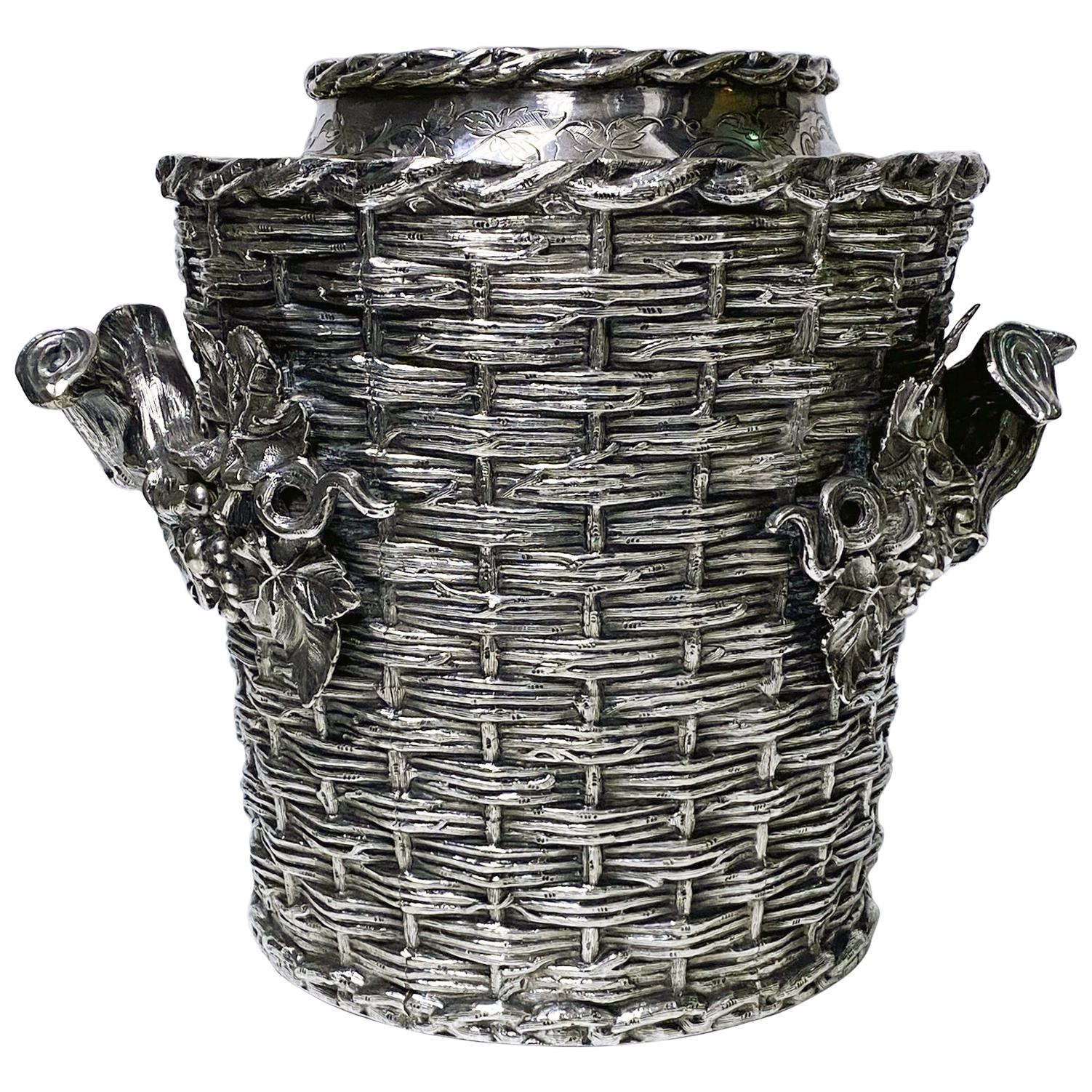 Antique Silver Plated "Trompe L'oeil" Wine Cooler Bucket, England, circa 1880