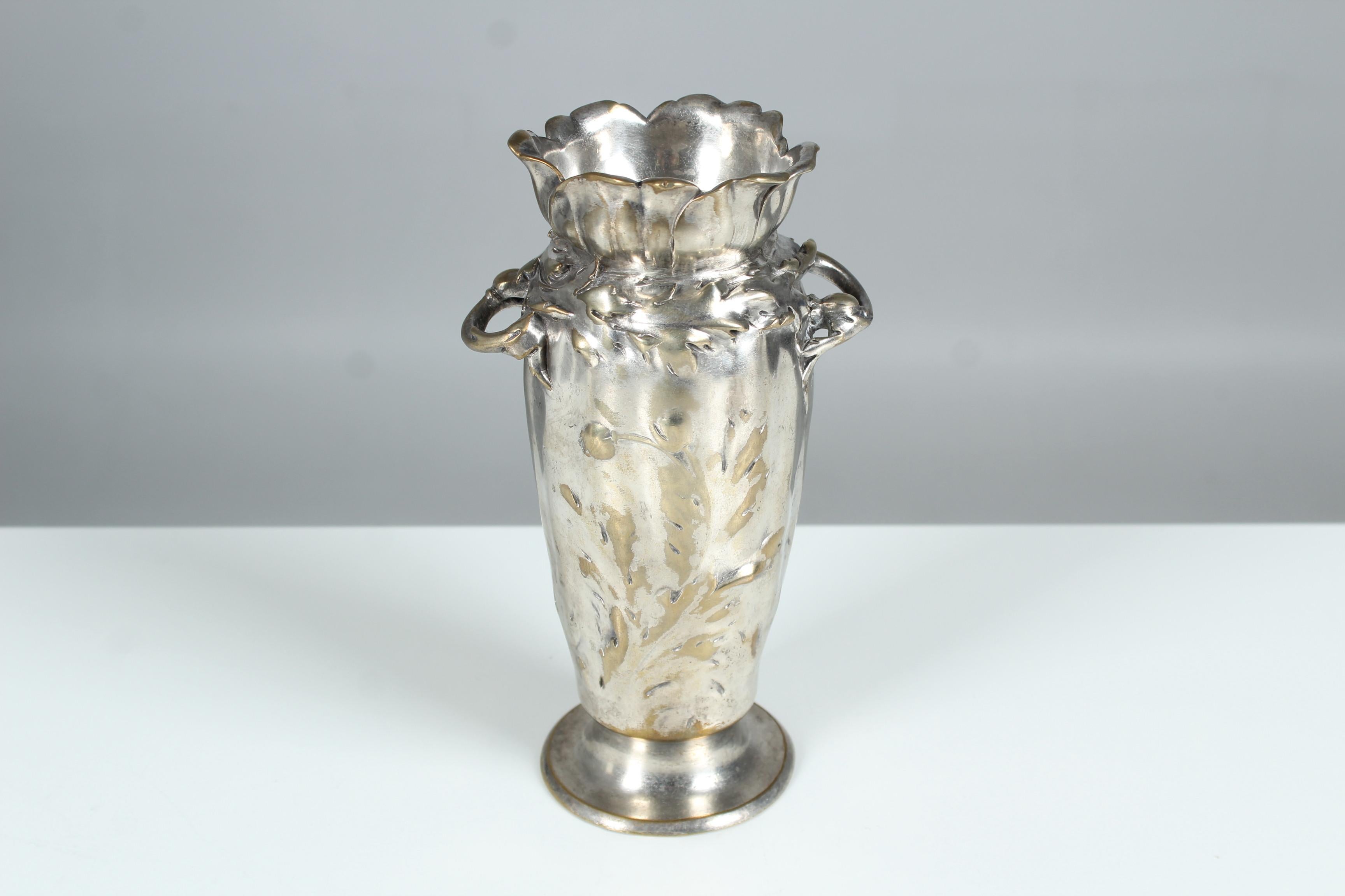 Silvered Antique Silver-Plated Vase, Art Nouveau, Signed Lelièvre, France, 1910s For Sale