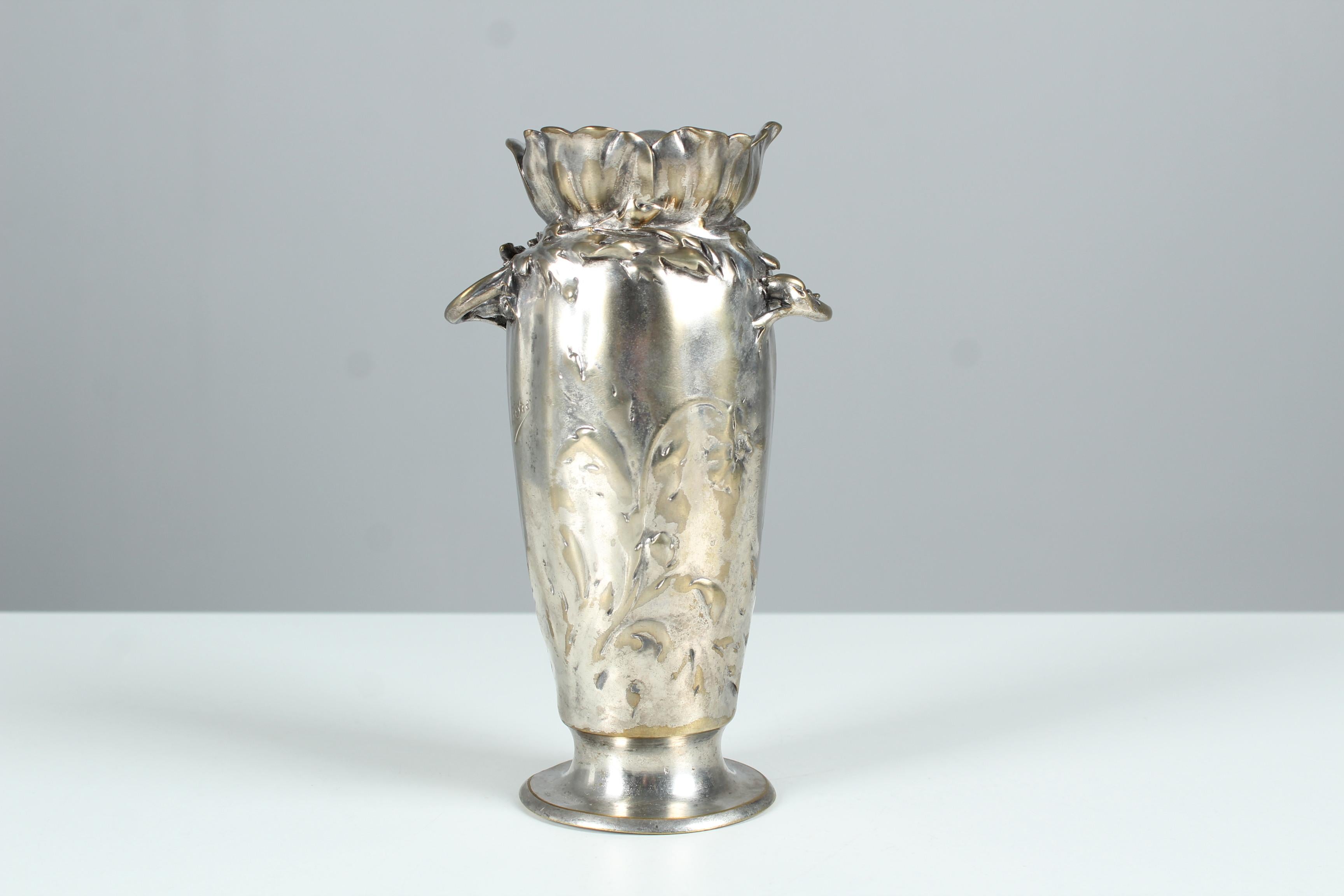 Bronze Antique Silver-Plated Vase, Art Nouveau, Signed Lelièvre, France, 1910s For Sale