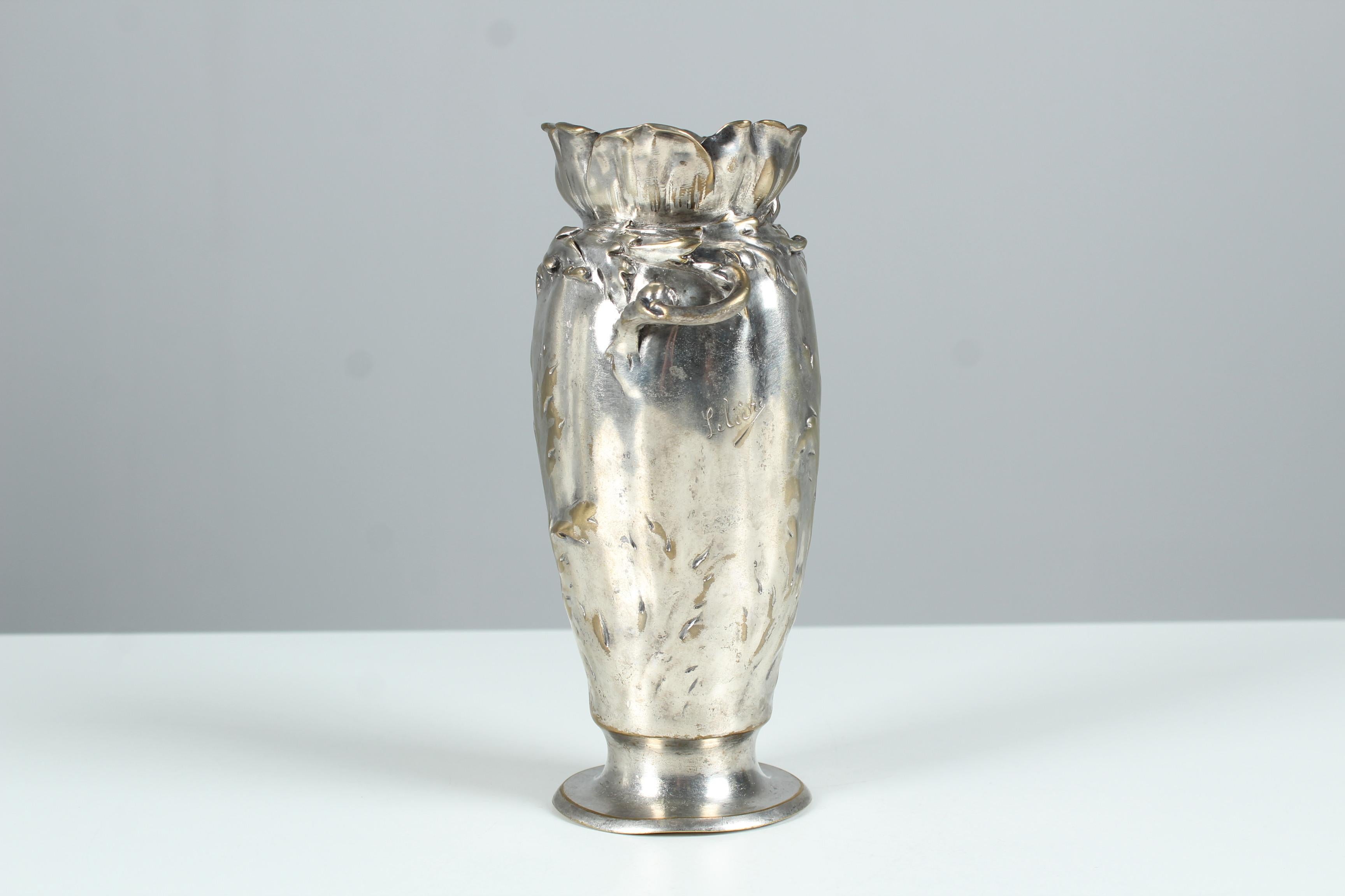 Antique Silver-Plated Vase, Art Nouveau, Signed Lelièvre, France, 1910s For Sale 1