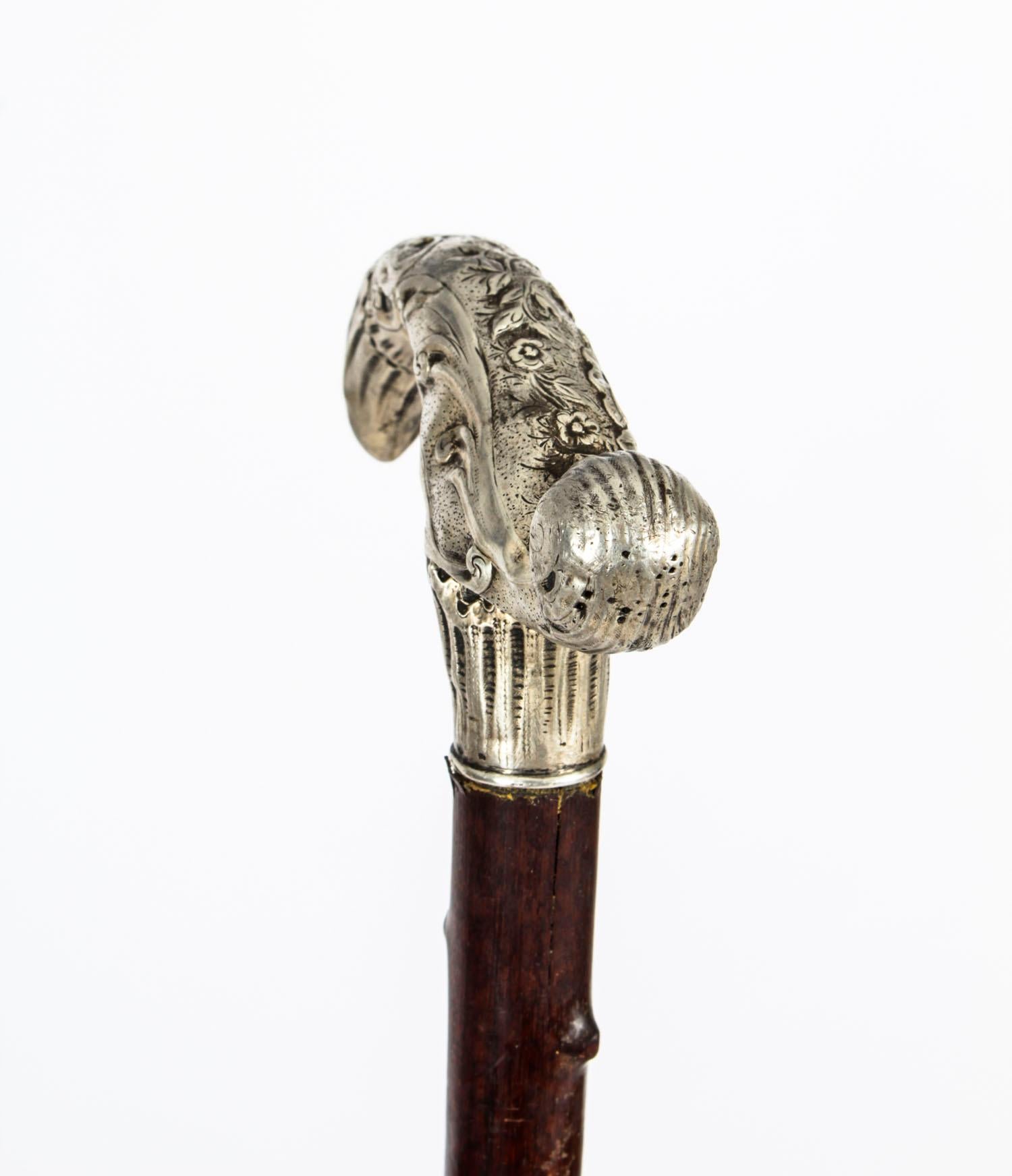 Victorian Antique Silver Plated Walking Cane Stick, 19th Century