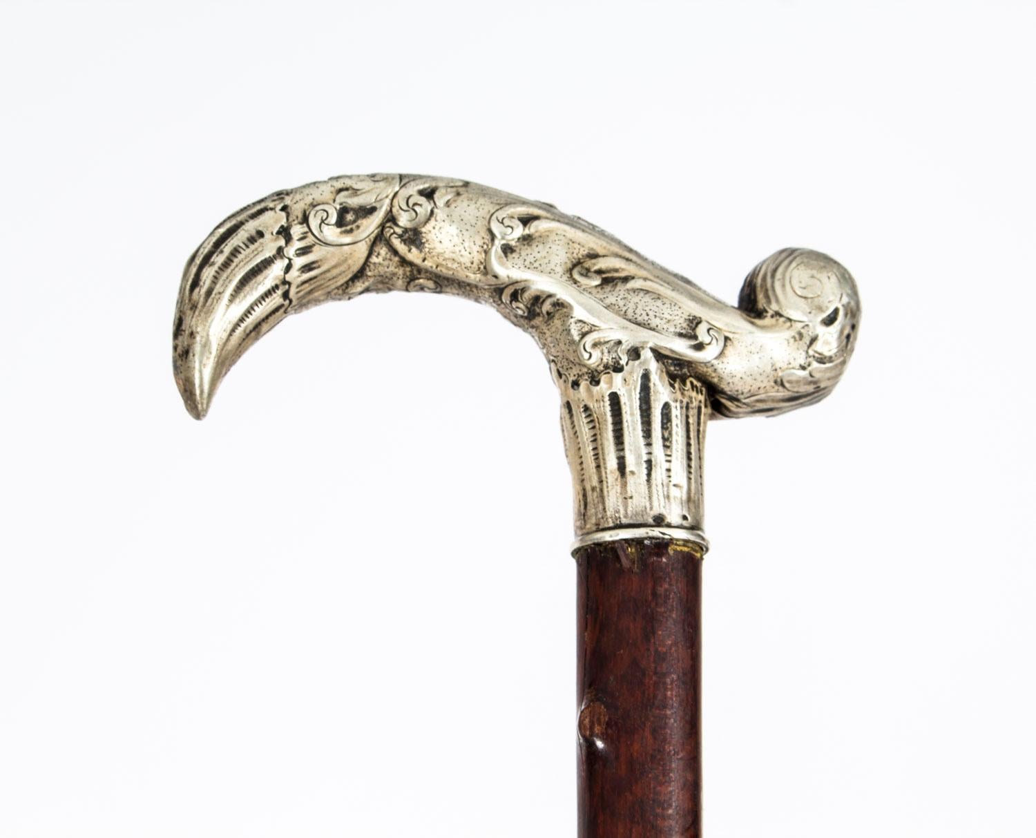 English Antique Silver Plated Walking Cane Stick, 19th Century