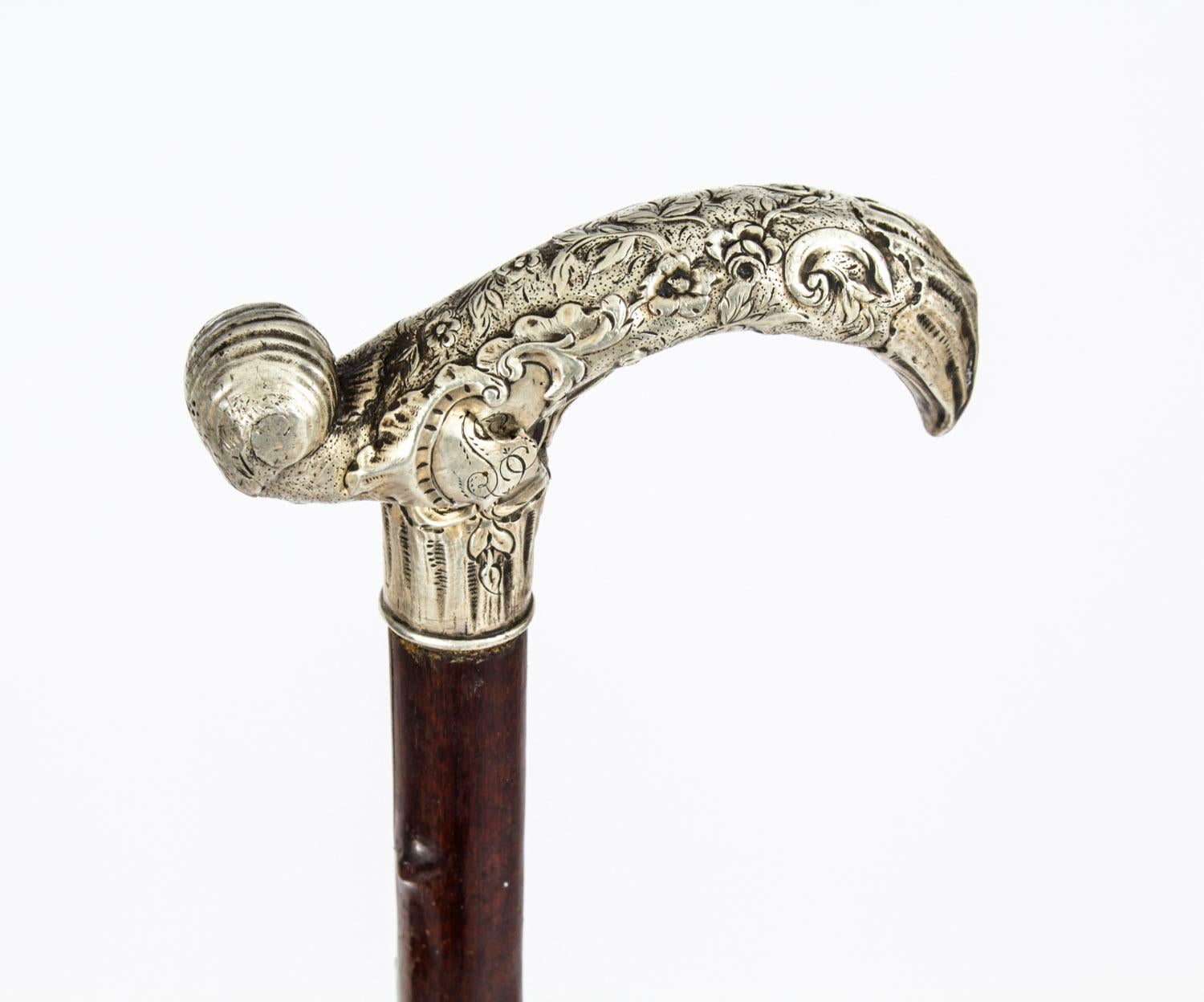 Late 19th Century Antique Silver Plated Walking Cane Stick, 19th Century