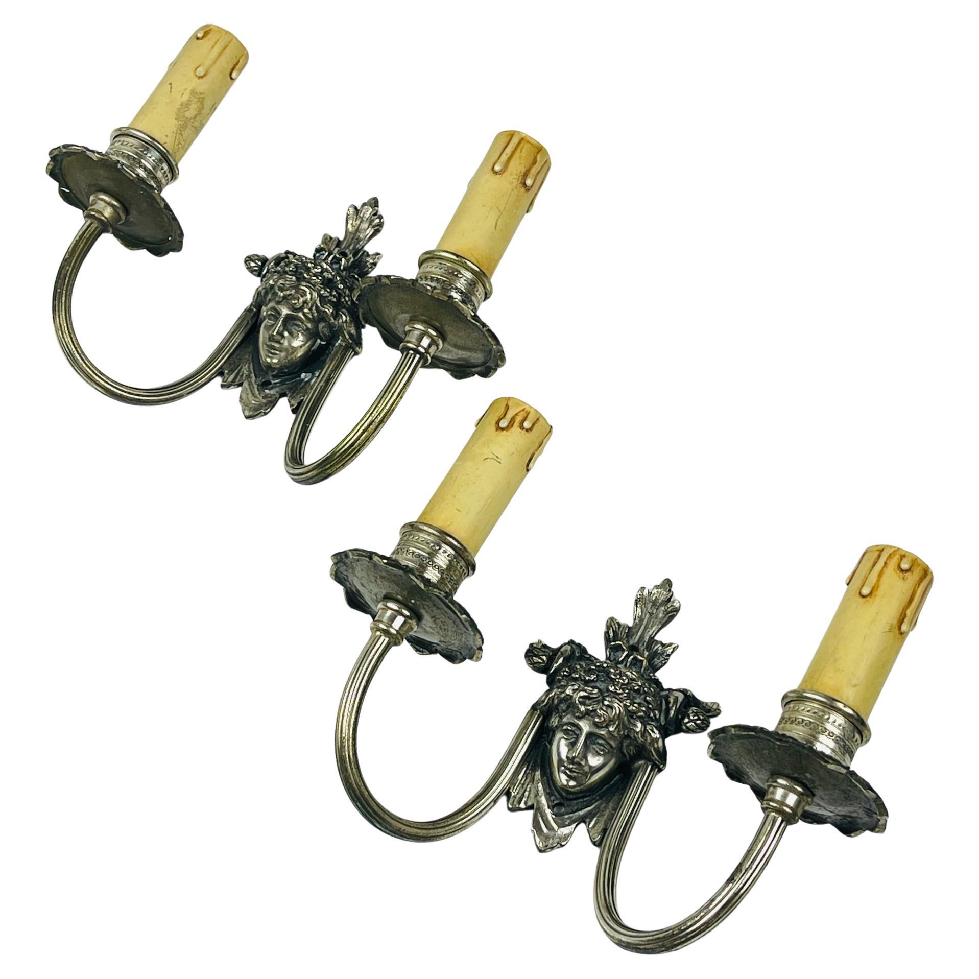 Antique silver plated wall lamp, France, 1930s, Set of 2