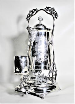 Antique Silver Plated Water or Lemonade Tipping Pot Set with Glass and Stand