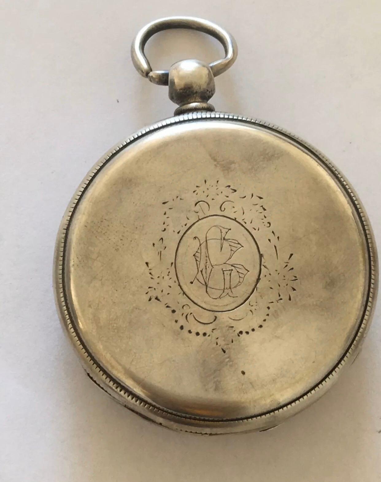 
Antique Silver key-wind Pocket Watch.

This watch is working and ticking nicely. Visible chipped and fine crack on the dial. Some dents on the back cover case.