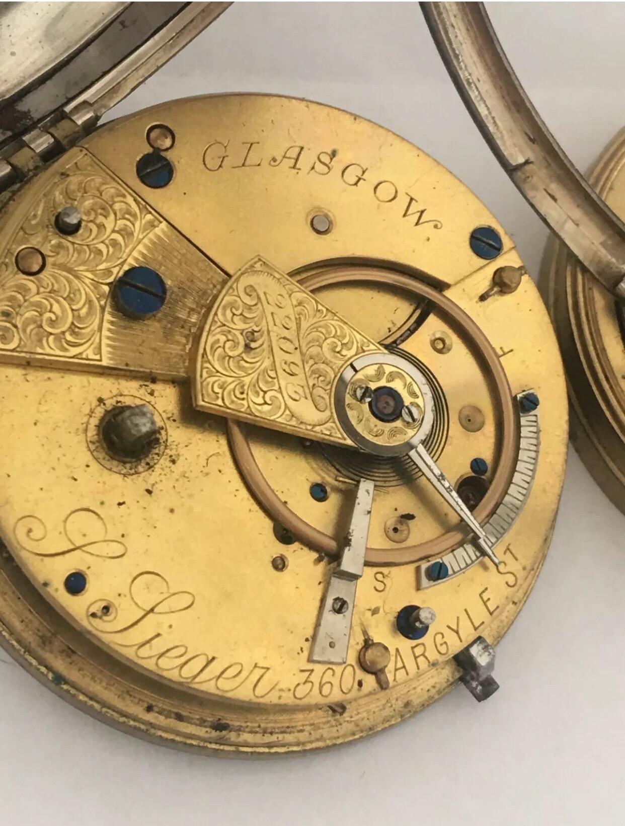 Antique Silver Pocket Watch Signed L Lieger Glasgow . This heavy silver pocket watch is working, balance wheel is good and ticking well but it keep stopping. The glass came off