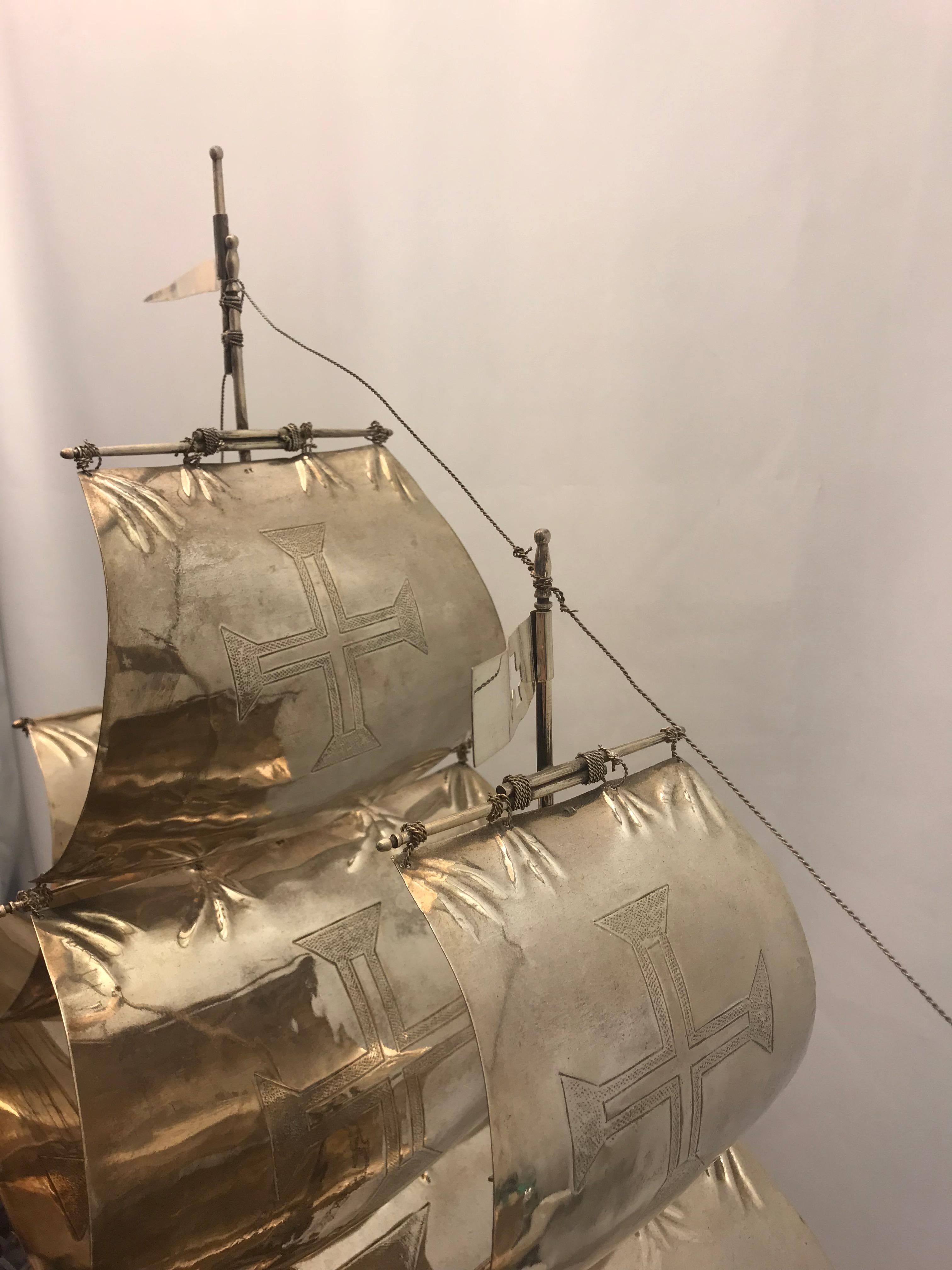 Early 20th Century Antique Silver Portuguese Nef Ship For Sale