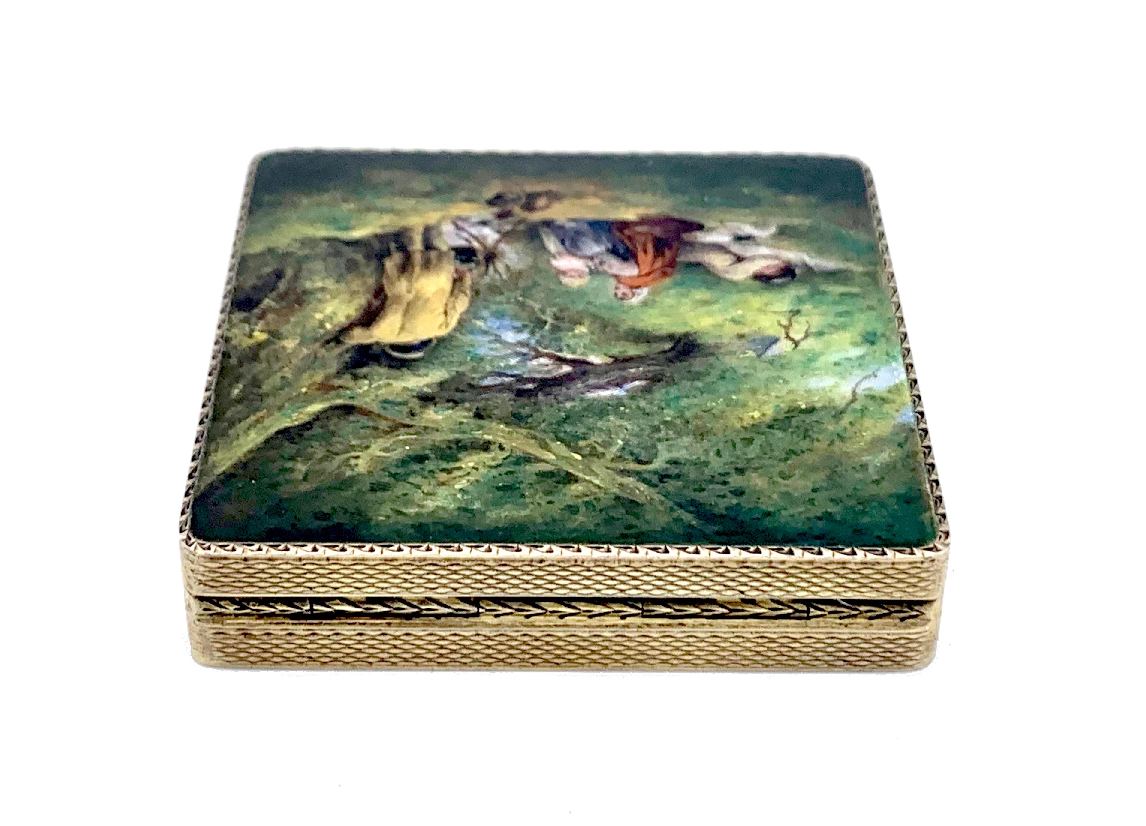 Argent antique  Boîte à poudre compacte, peinture de scène de genre, argent doré Bon état - En vente à Munich, Bavaria