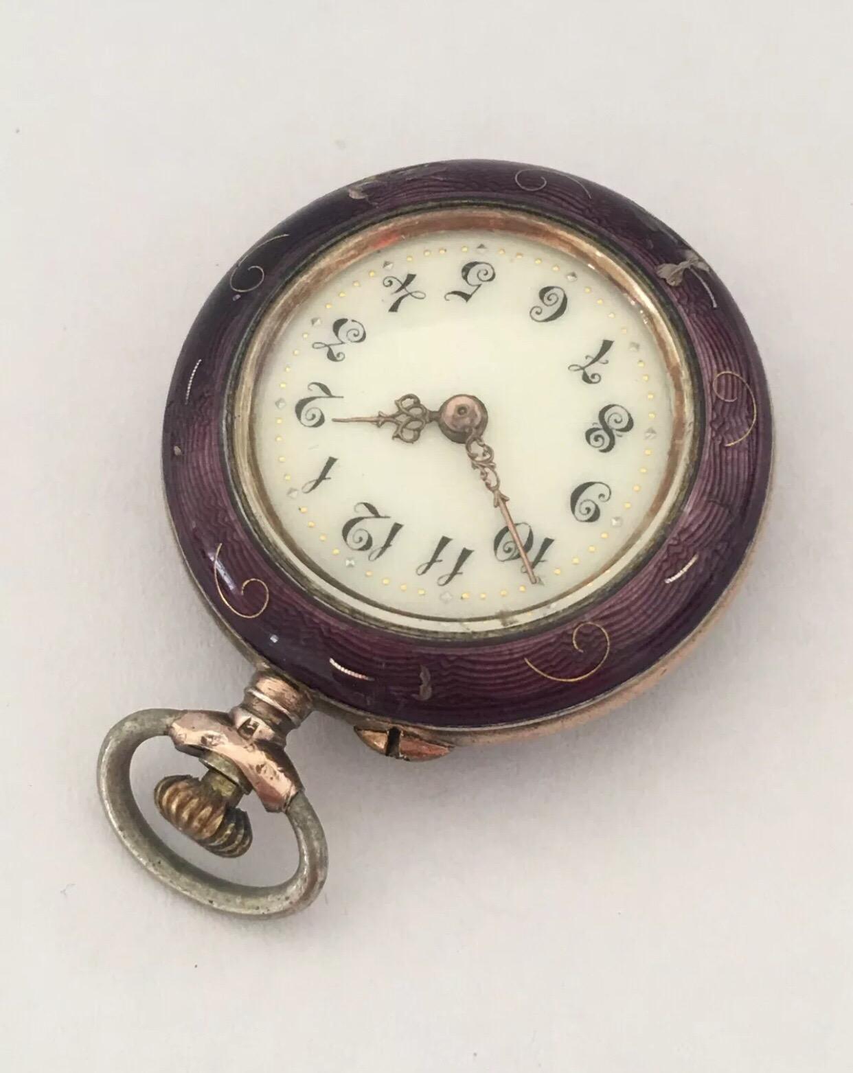 Antique Silver Purple Enamel Victorian Fob Watch For Sale 3