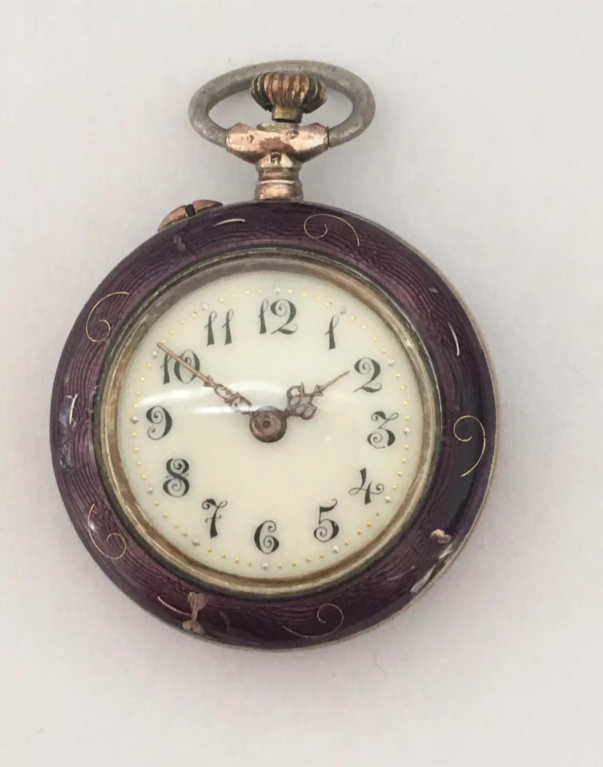 Antique Silver Purple Enamel Victorian Fob Watch For Sale 5