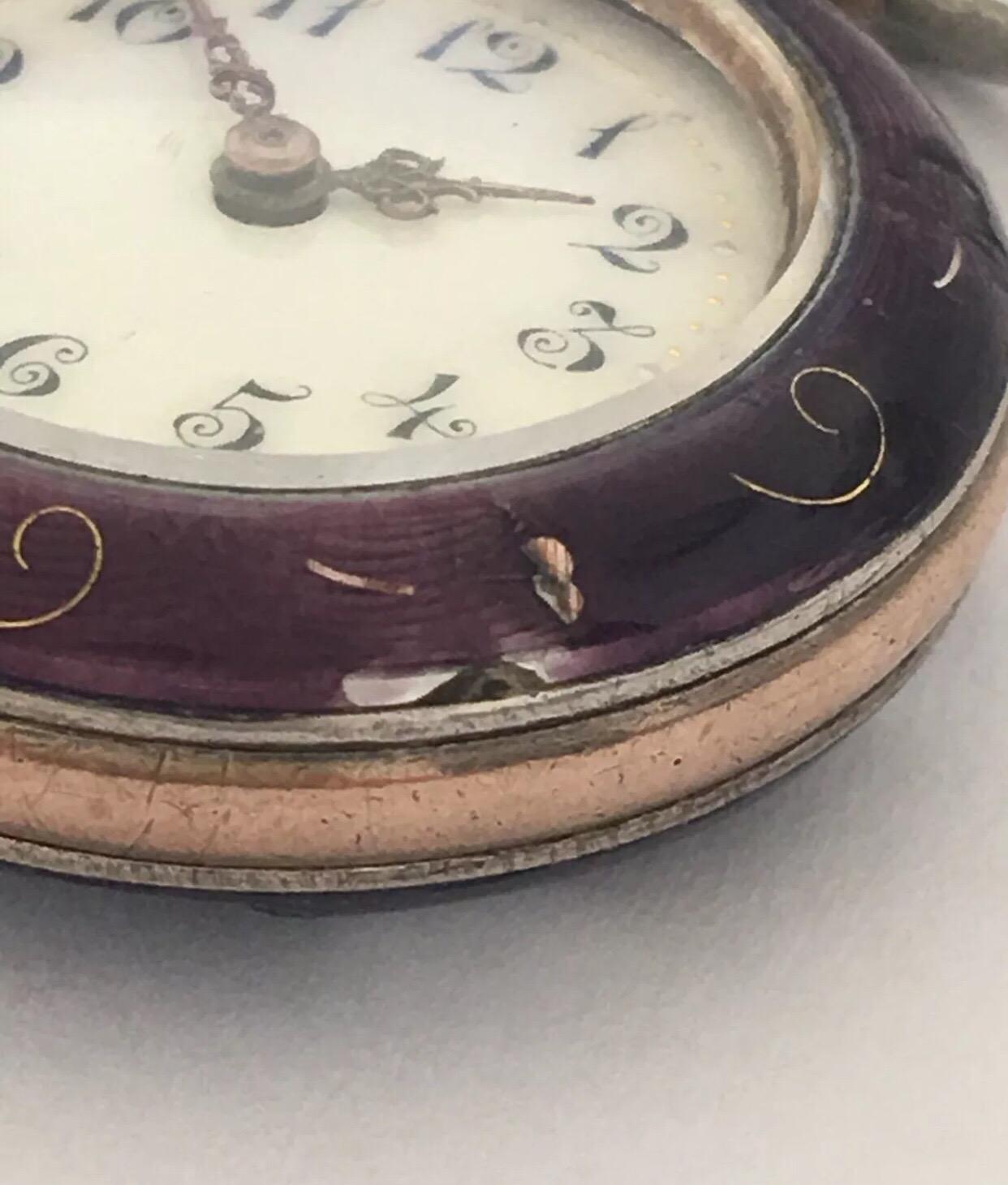 Antique Silver Purple Enamel Victorian Fob Watch In Fair Condition For Sale In Carlisle, GB