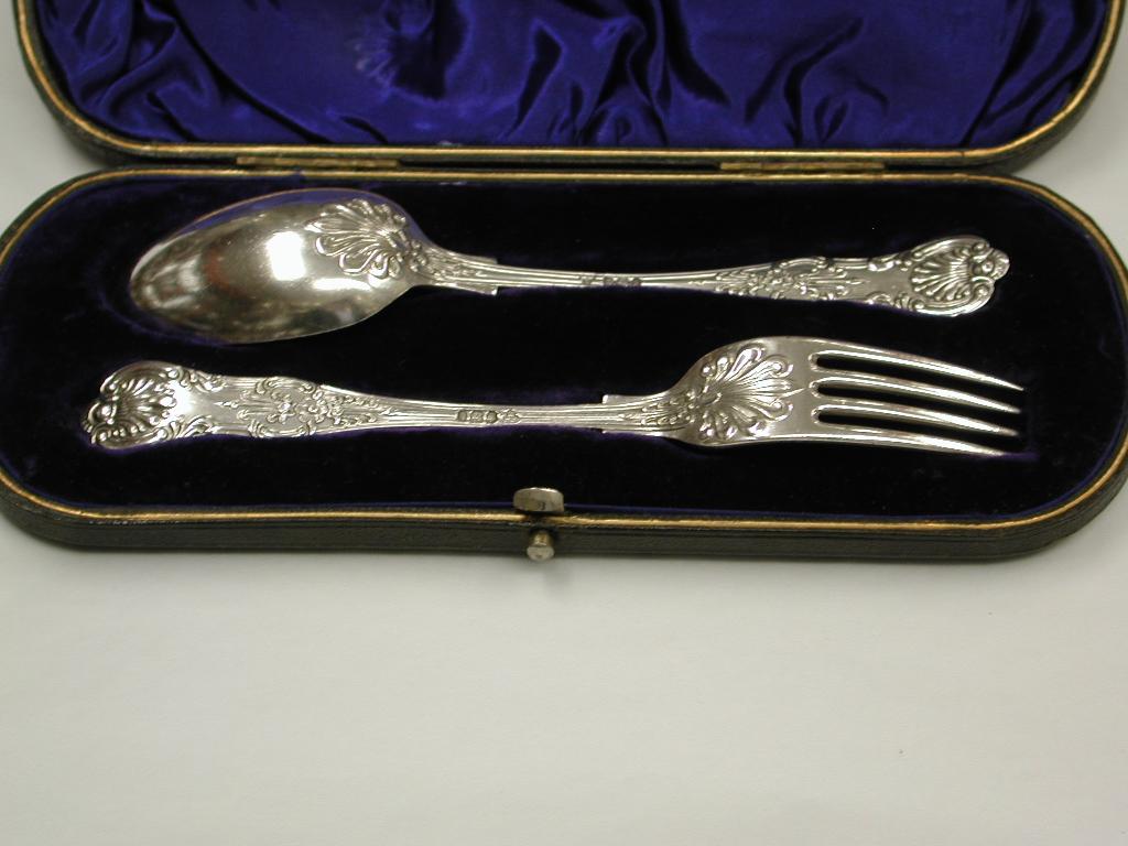 Antique silver Queen's pattern child's spoon and fork, 1900, Sheffield
Made by W W Harrison and Co.
In original fitted box.