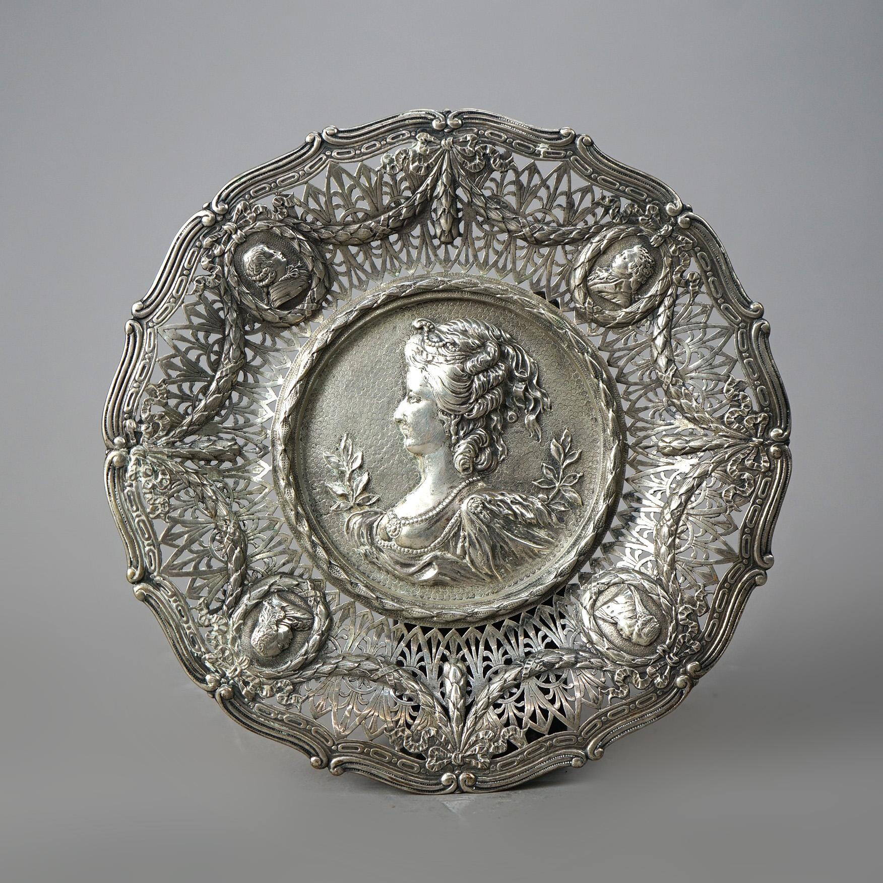 English Antique Silver Reticulated & Embossed Portrait Tray with Hallmarks 19th C For Sale