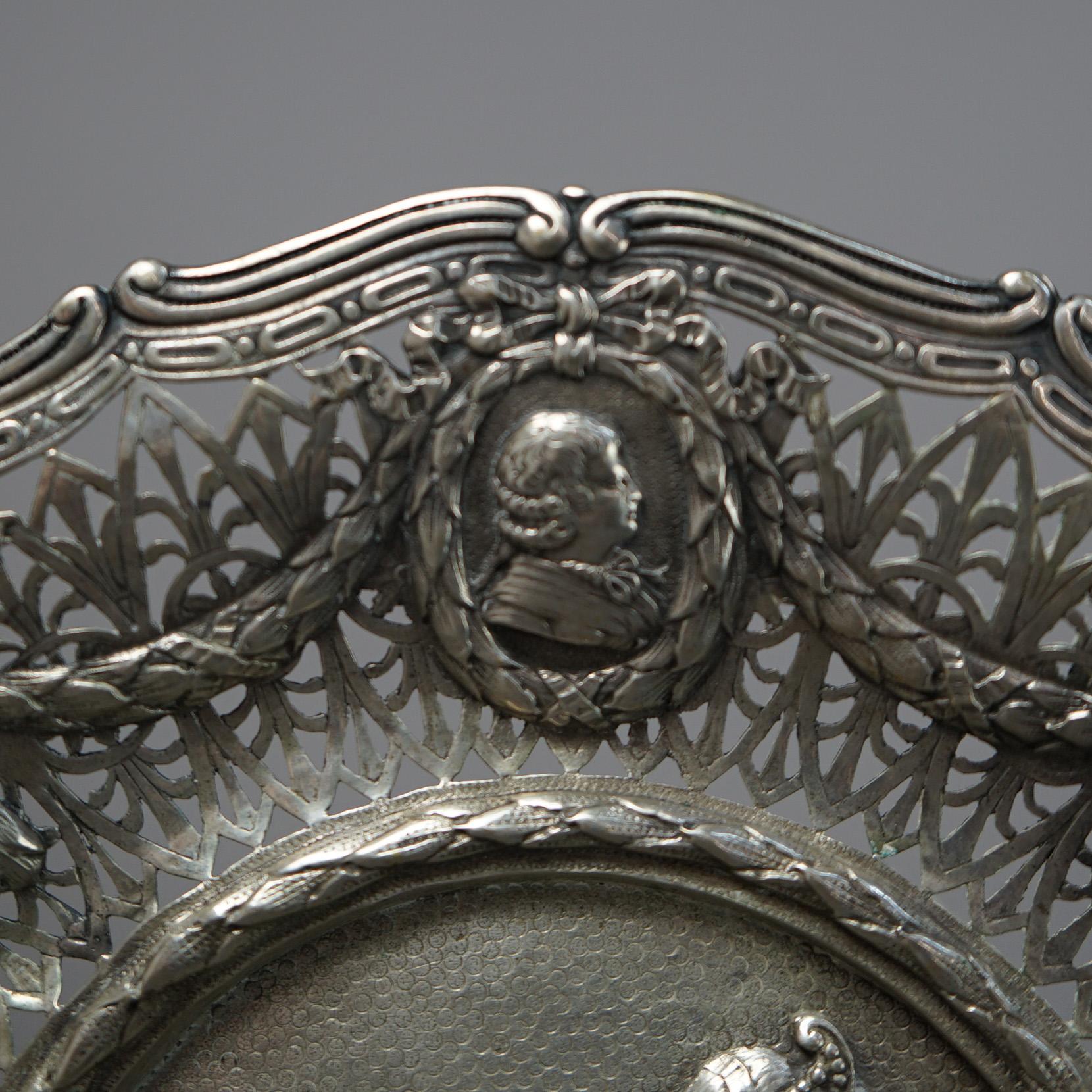 Antique Silver Reticulated & Embossed Portrait Tray with Hallmarks 19th C In Good Condition For Sale In Big Flats, NY