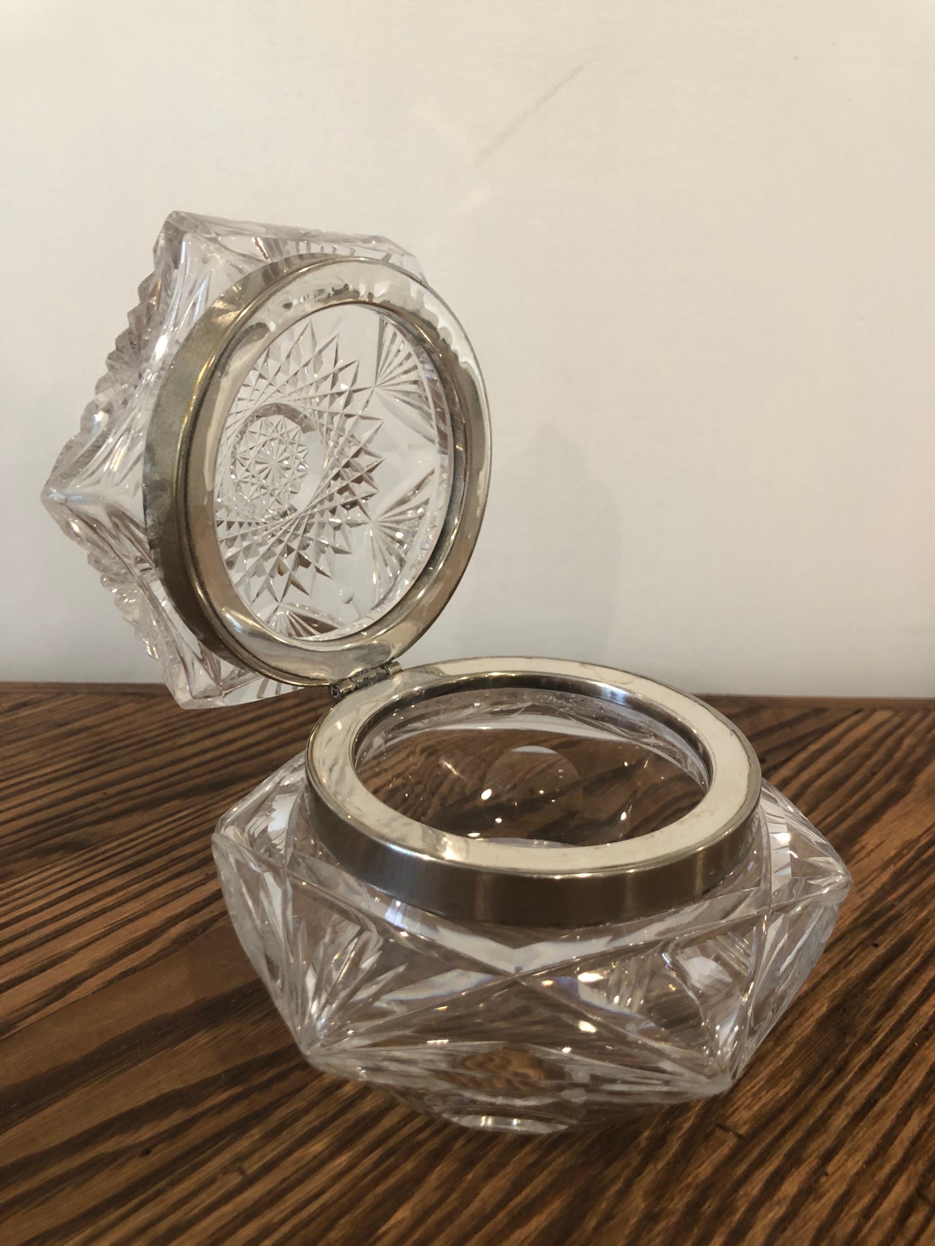 Antique Silver Rimmed Sunburst Crystal Octagon Shaped Box For Sale 4