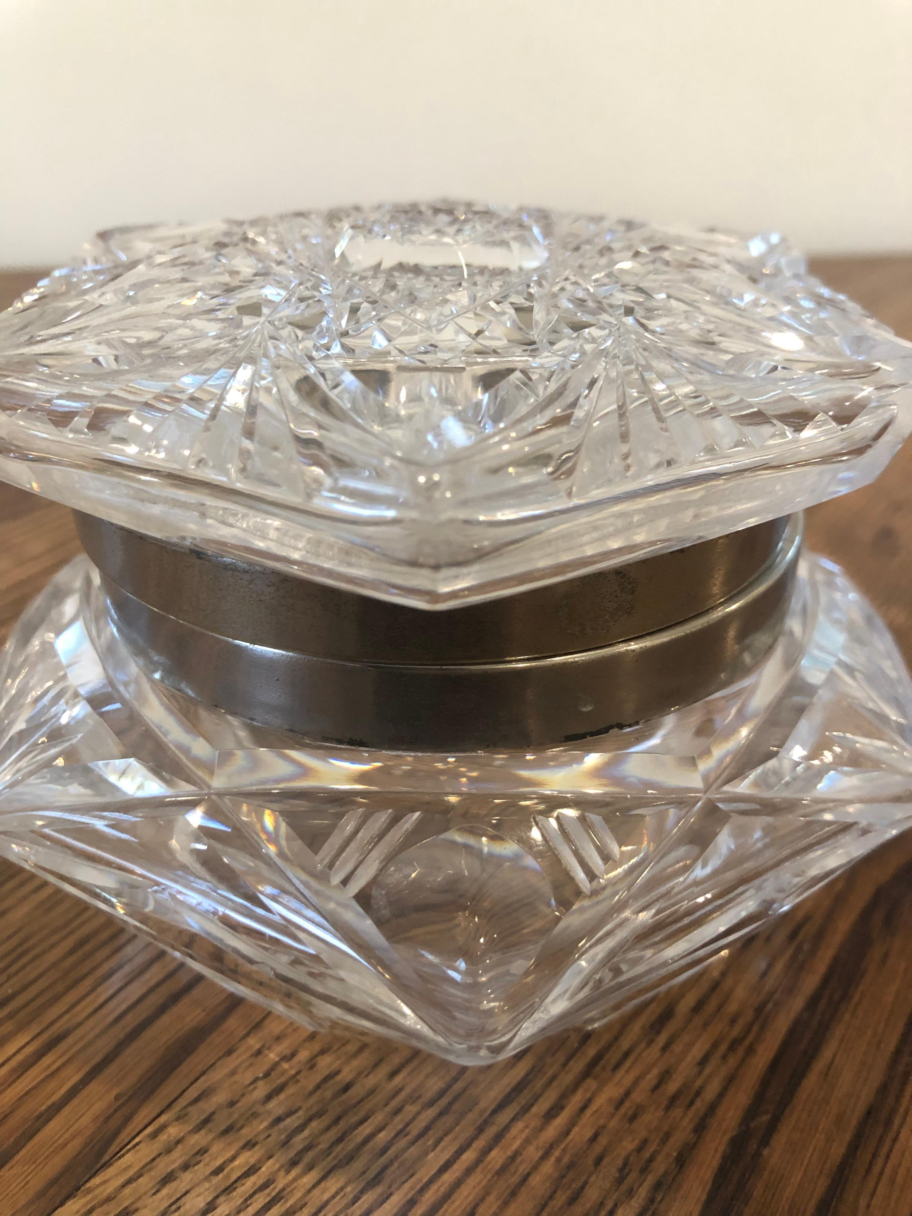 Antique Silver Rimmed Sunburst Crystal Octagon Shaped Box For Sale 7