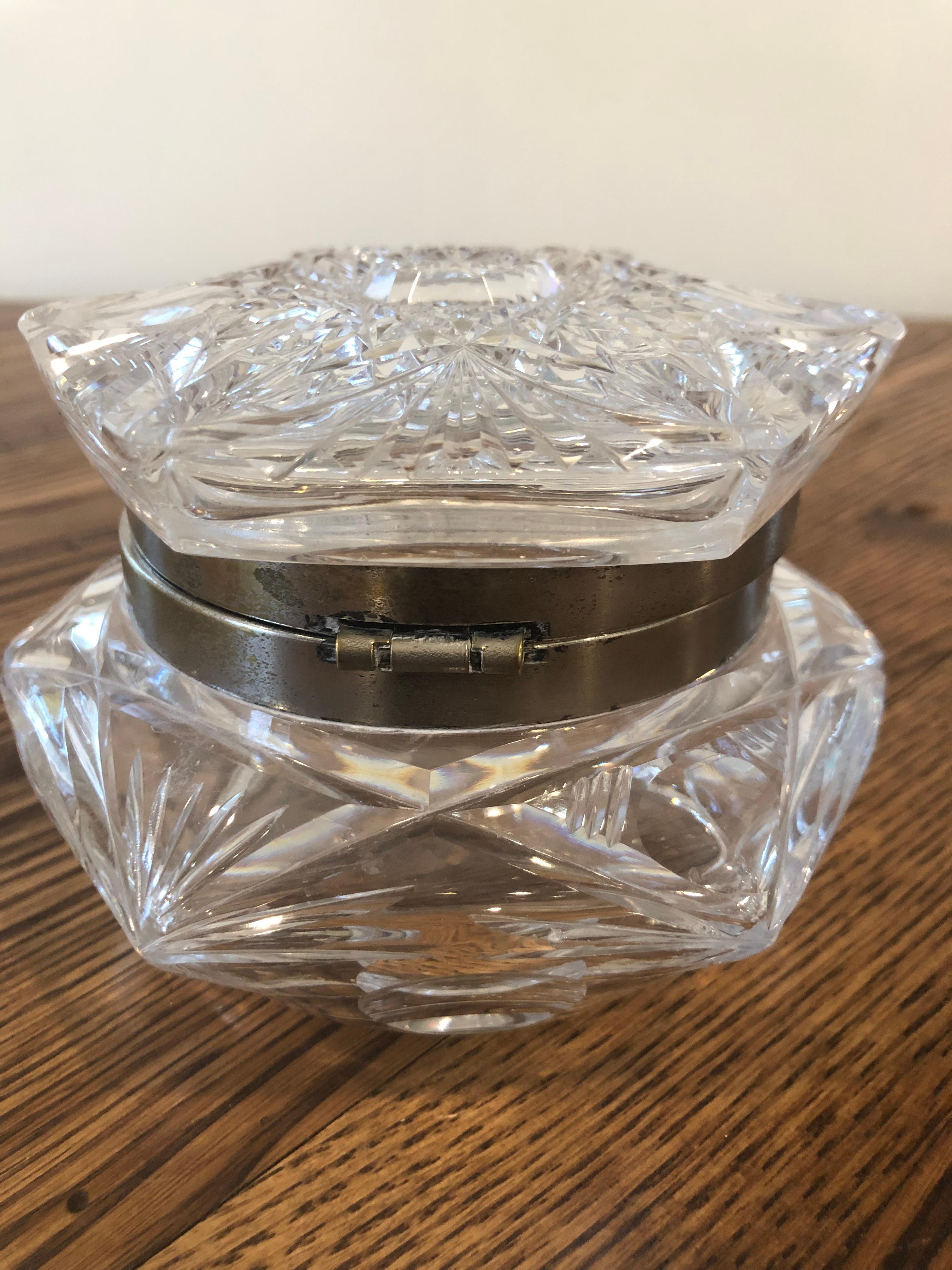 Antique Silver Rimmed Sunburst Crystal Octagon Shaped Box For Sale 9