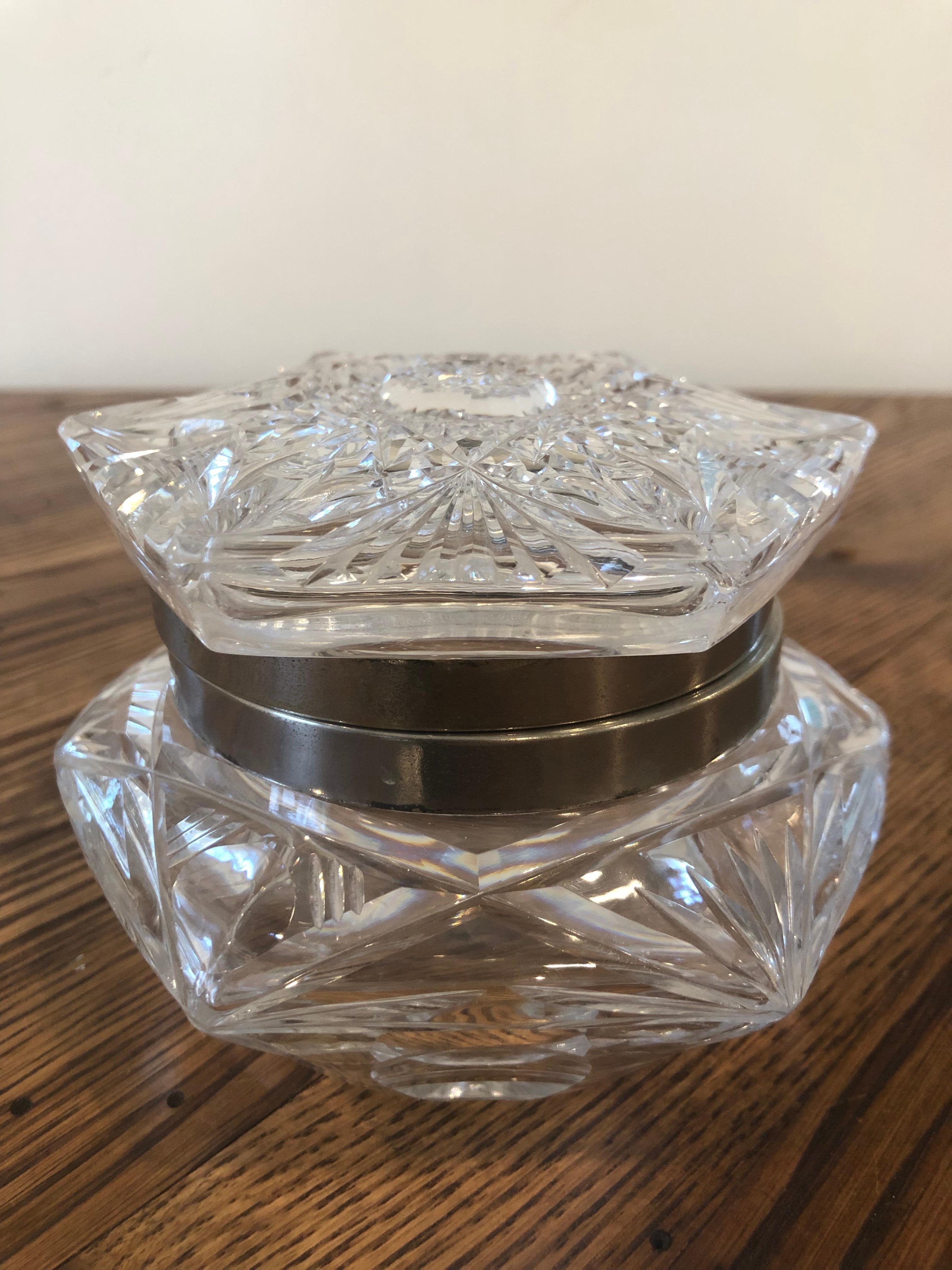 Antique Silver Rimmed Sunburst Crystal Octagon Shaped Box For Sale 10