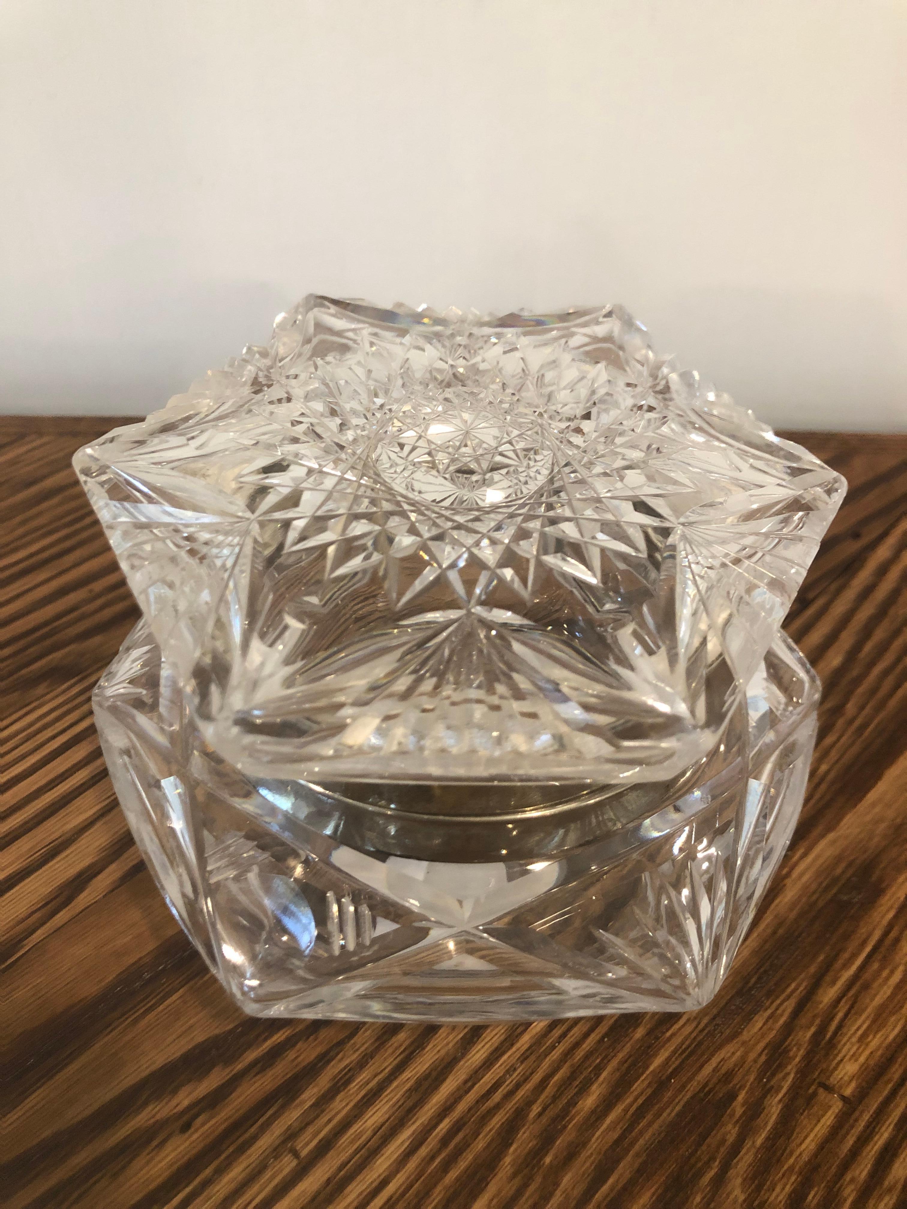 American Antique Silver Rimmed Sunburst Crystal Octagon Shaped Box For Sale
