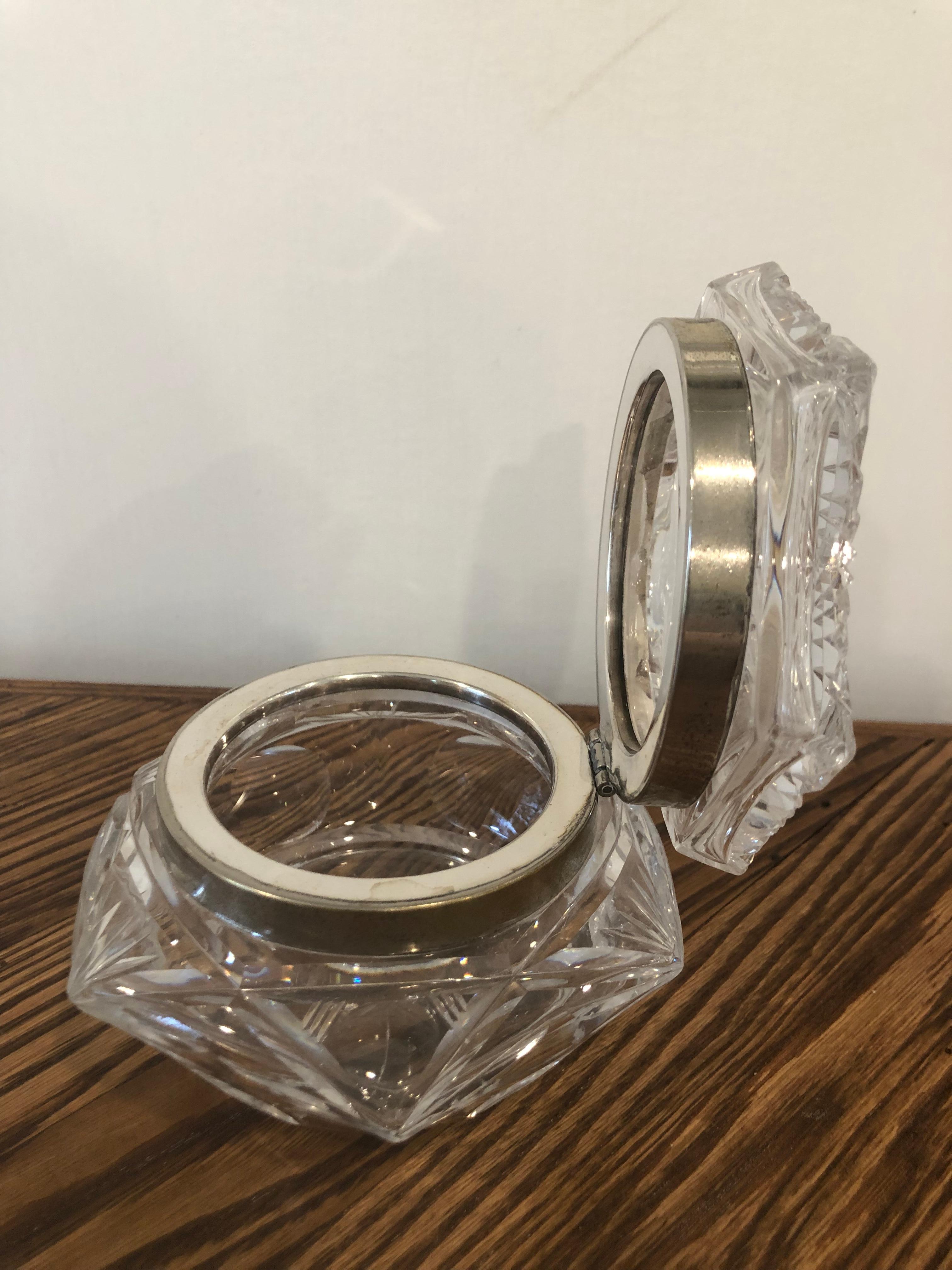 Antique Silver Rimmed Sunburst Crystal Octagon Shaped Box For Sale 1