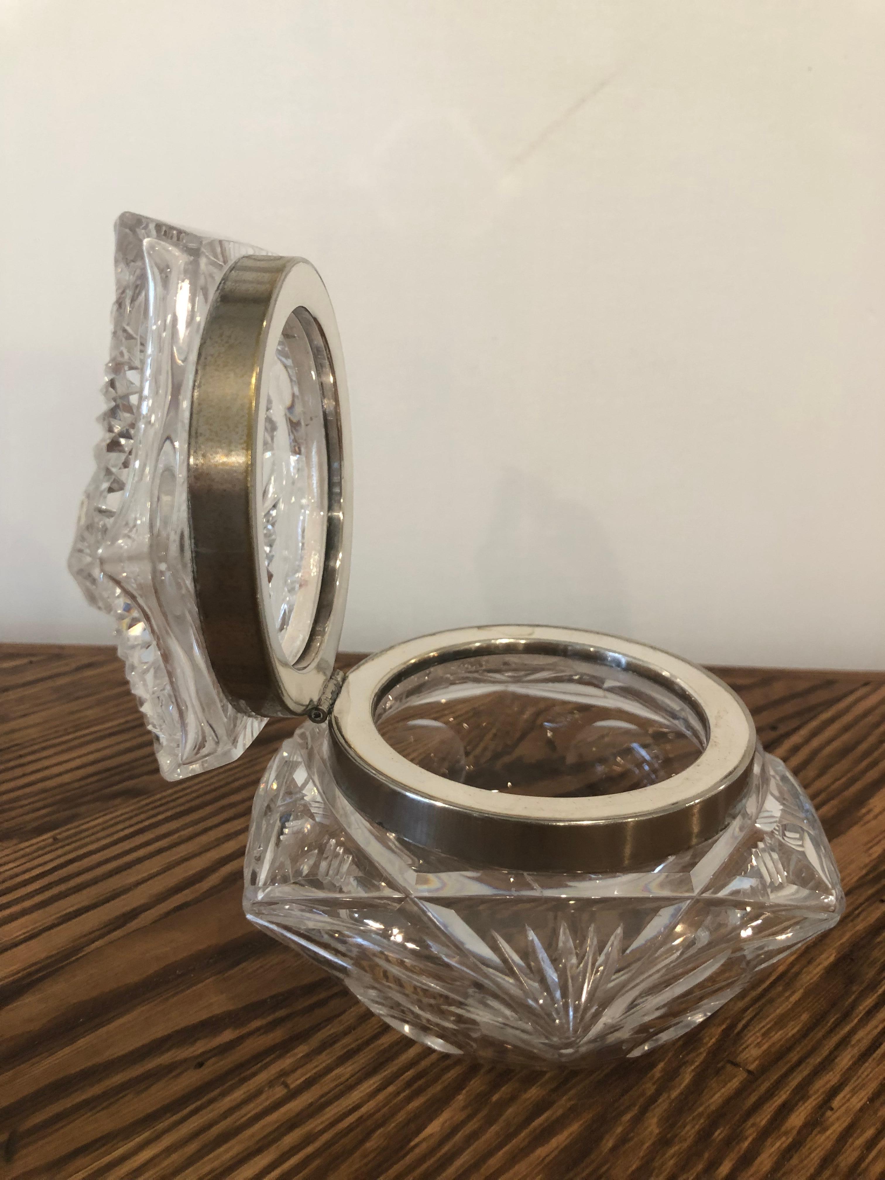 Antique Silver Rimmed Sunburst Crystal Octagon Shaped Box For Sale 2
