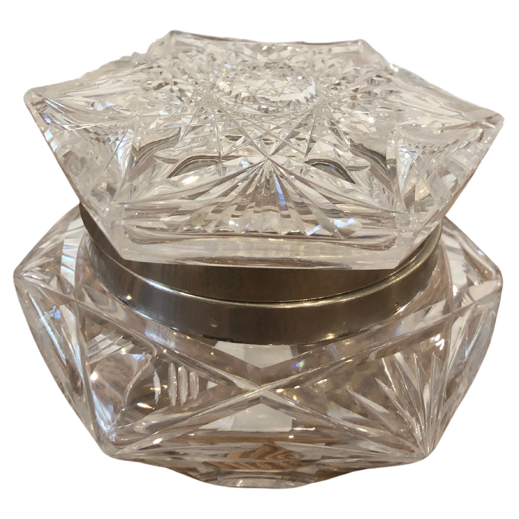 Antique Silver Rimmed Sunburst Crystal Octagon Shaped Box For Sale