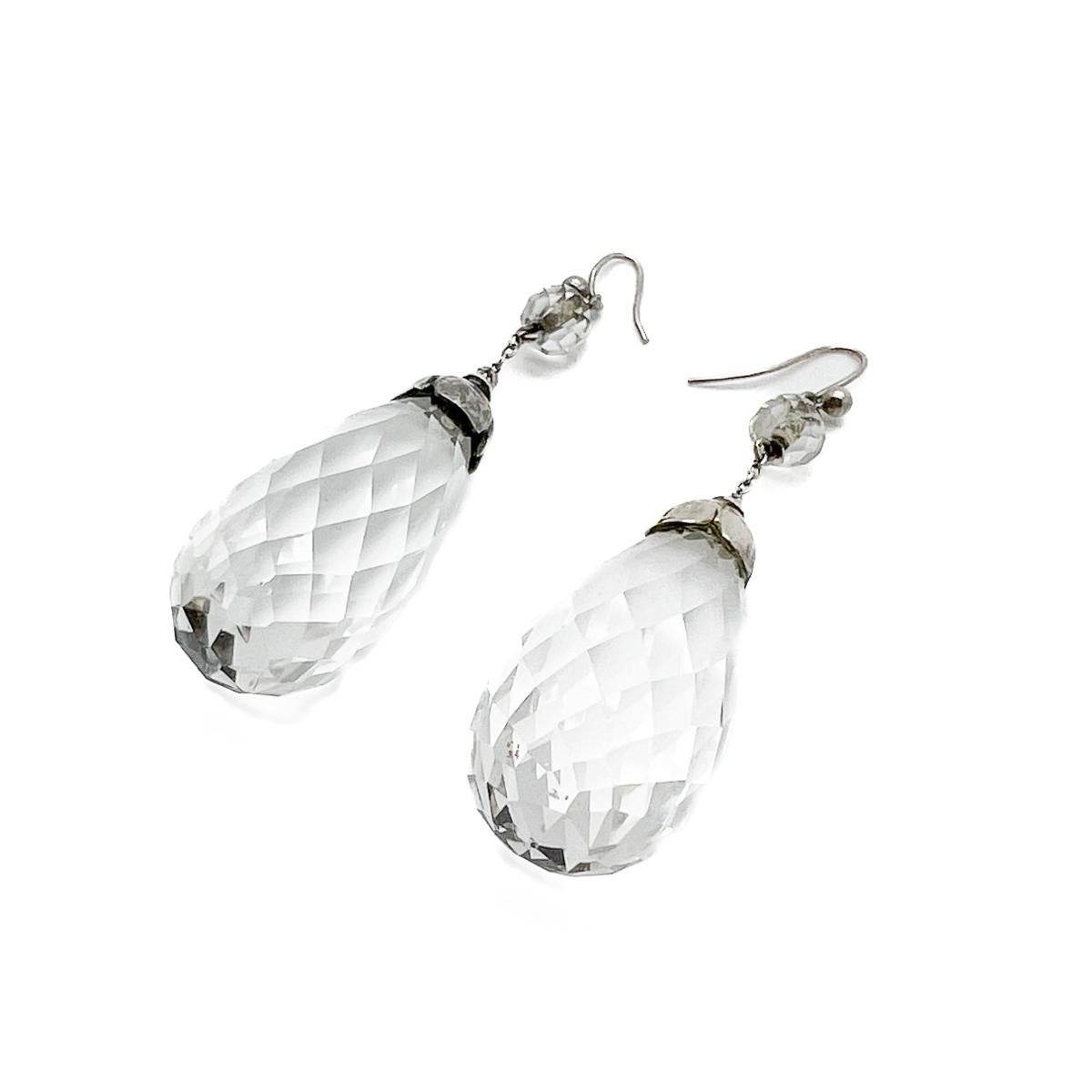 Women's or Men's Antique Silver & Rock Crystal Bomb Drop Earrings 1900s For Sale
