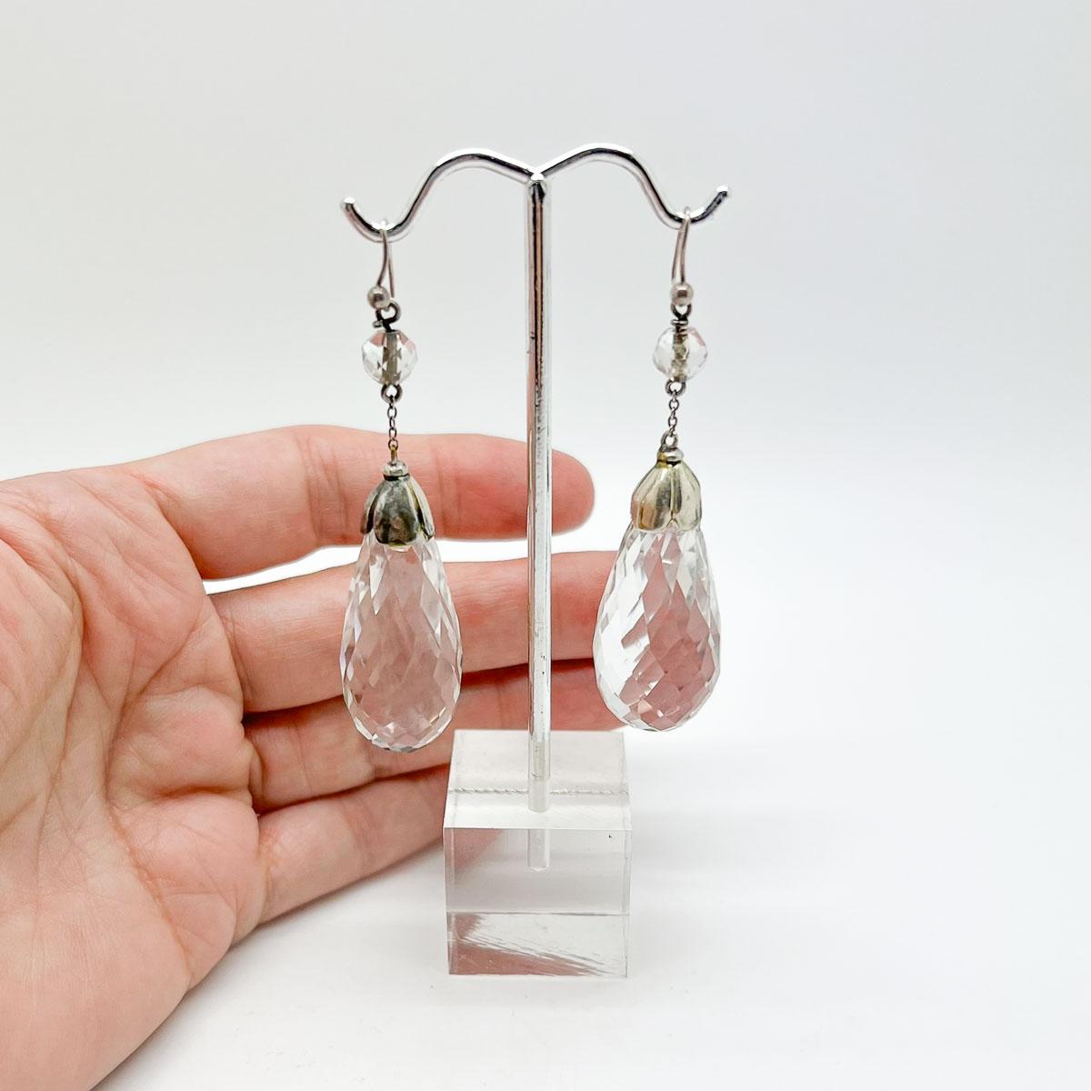 Antique Silver & Rock Crystal Bomb Drop Earrings 1900s For Sale 1