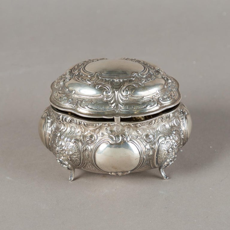 Carved Antique Silver Rococo Style Sugar Bowl, Decorative Box Gold Gilding Inside For Sale