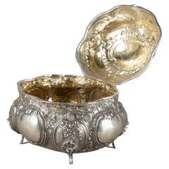 Antique Silver Rococo Style Sugar Bowl, Decorative Box Gold Gilding Inside