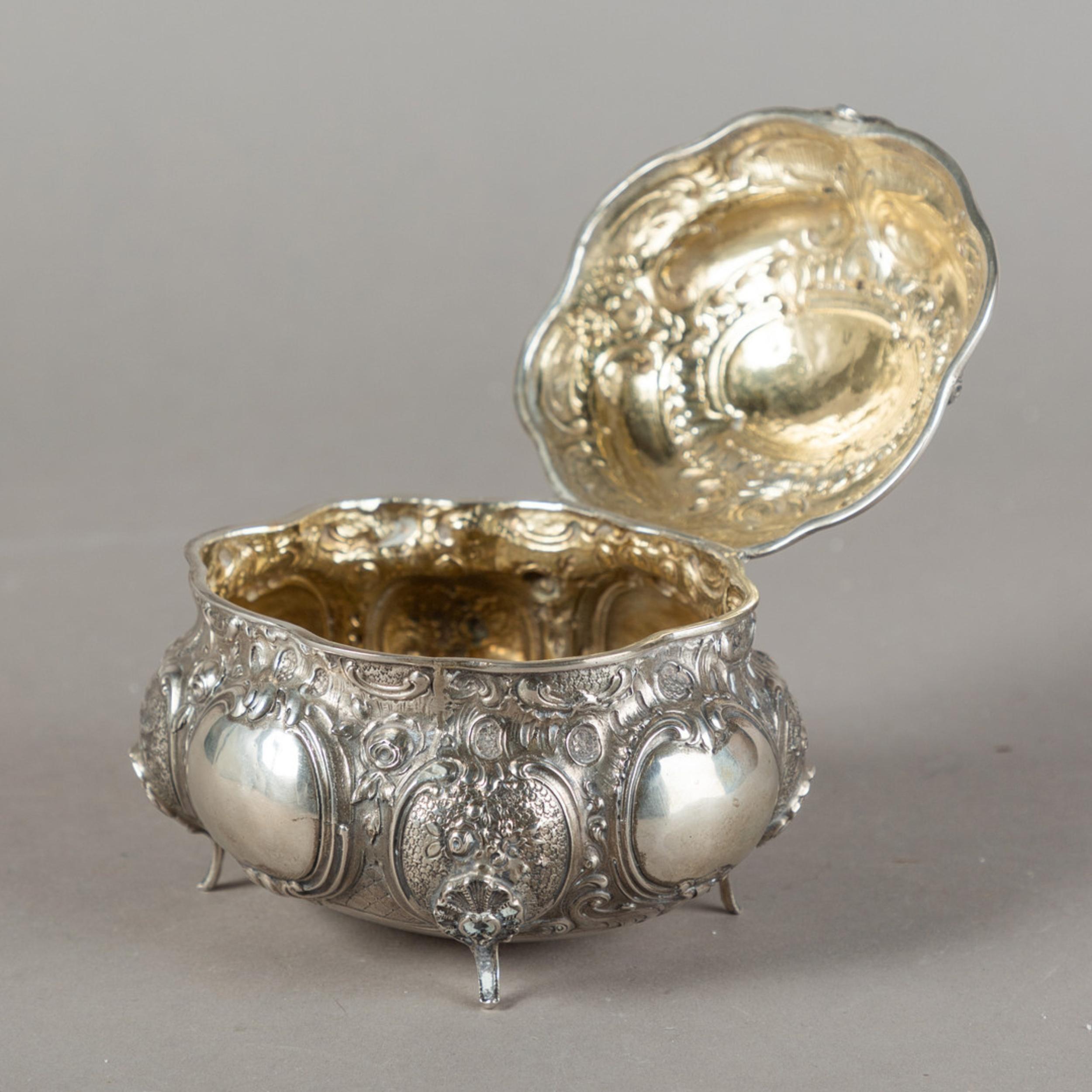 19th Century Antique Silver Rococo Style Sugar Bowl, Decorative Objects Gold Gilding Inside For Sale