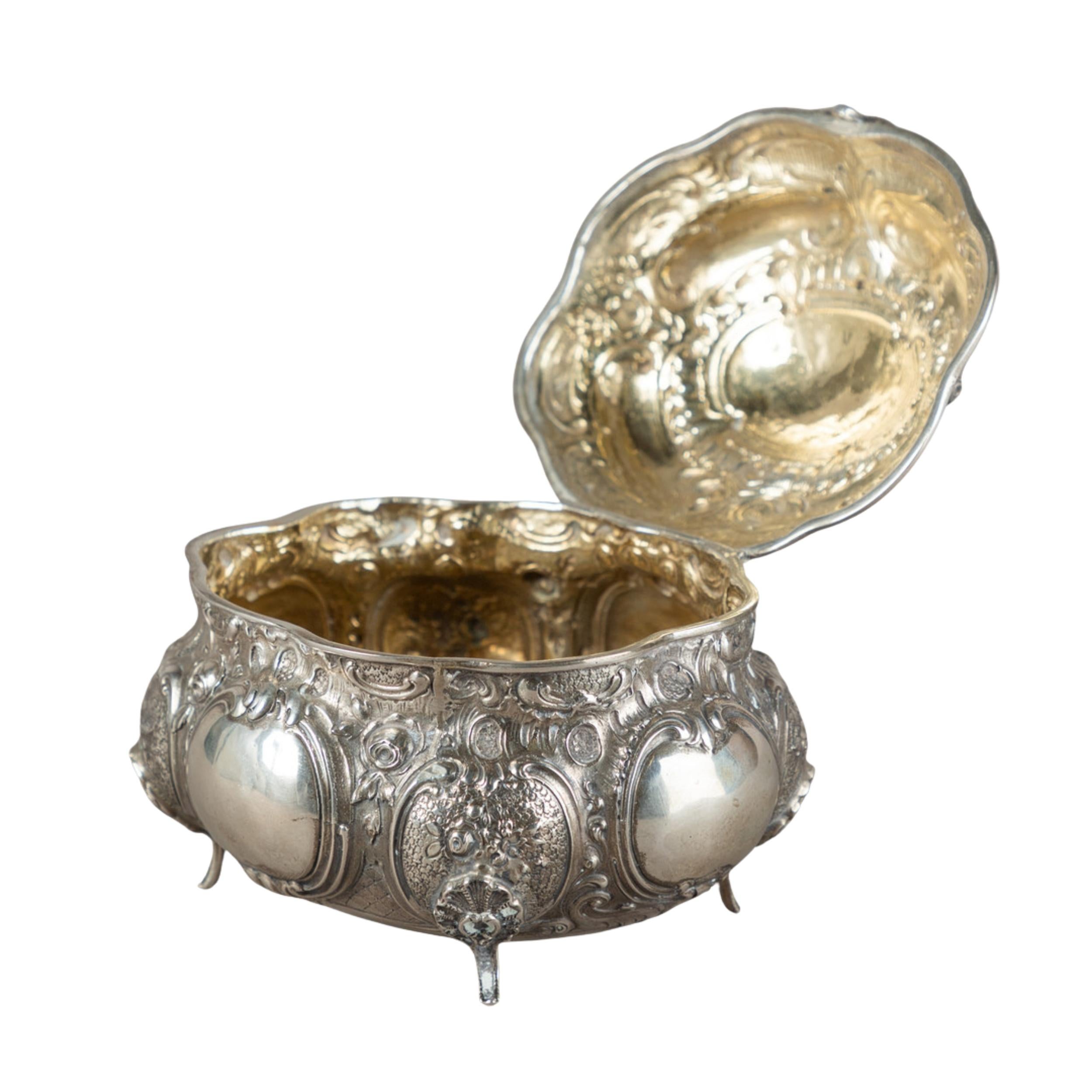 Antique Silver Rococo Style Sugar Bowl, Decorative Objects Gold Gilding Inside In Excellent Condition For Sale In Wembley, GB