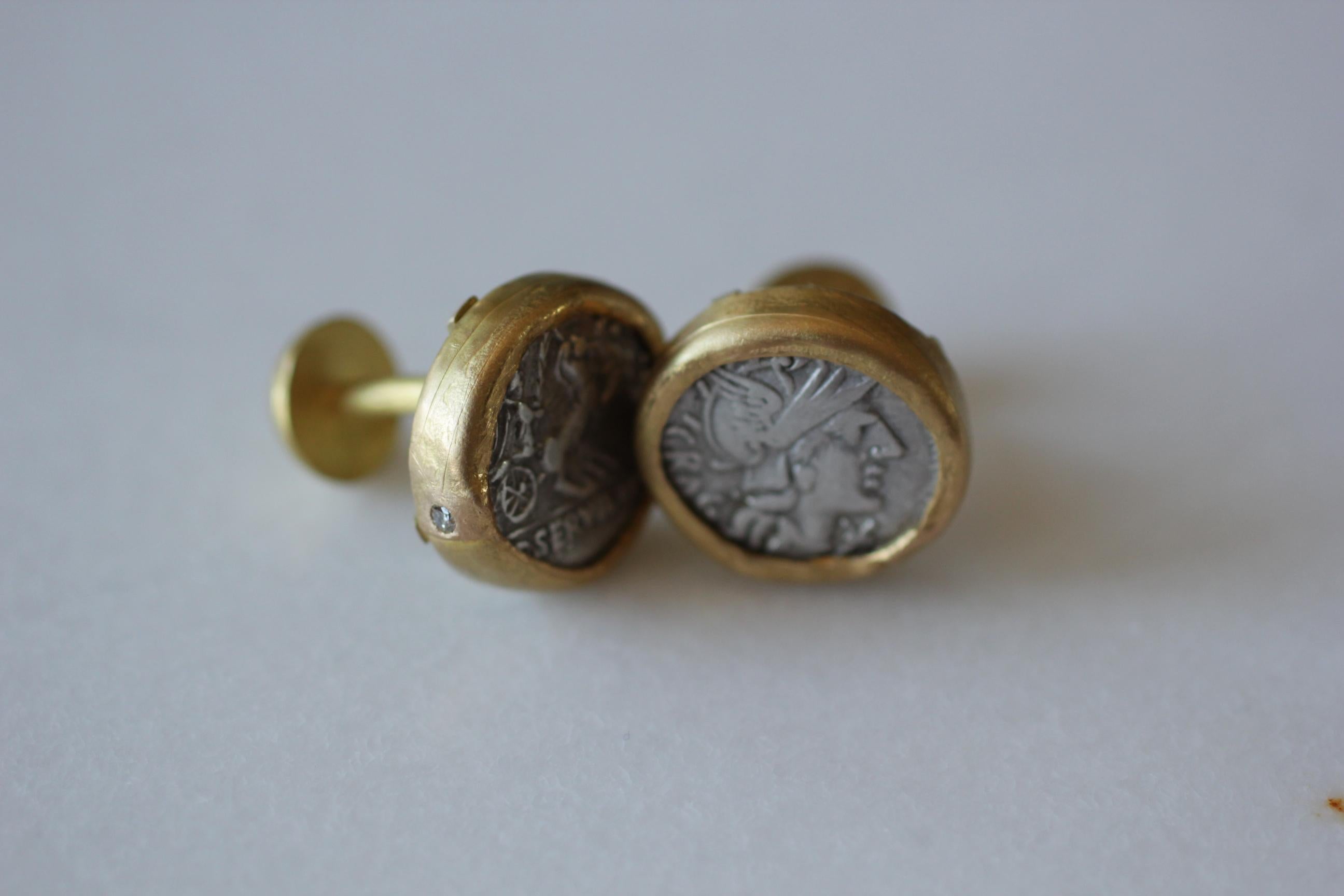 Antique Silver Roman Coin 22-21 Karat Gold Cuff Links with Diamonds Cufflinks 4