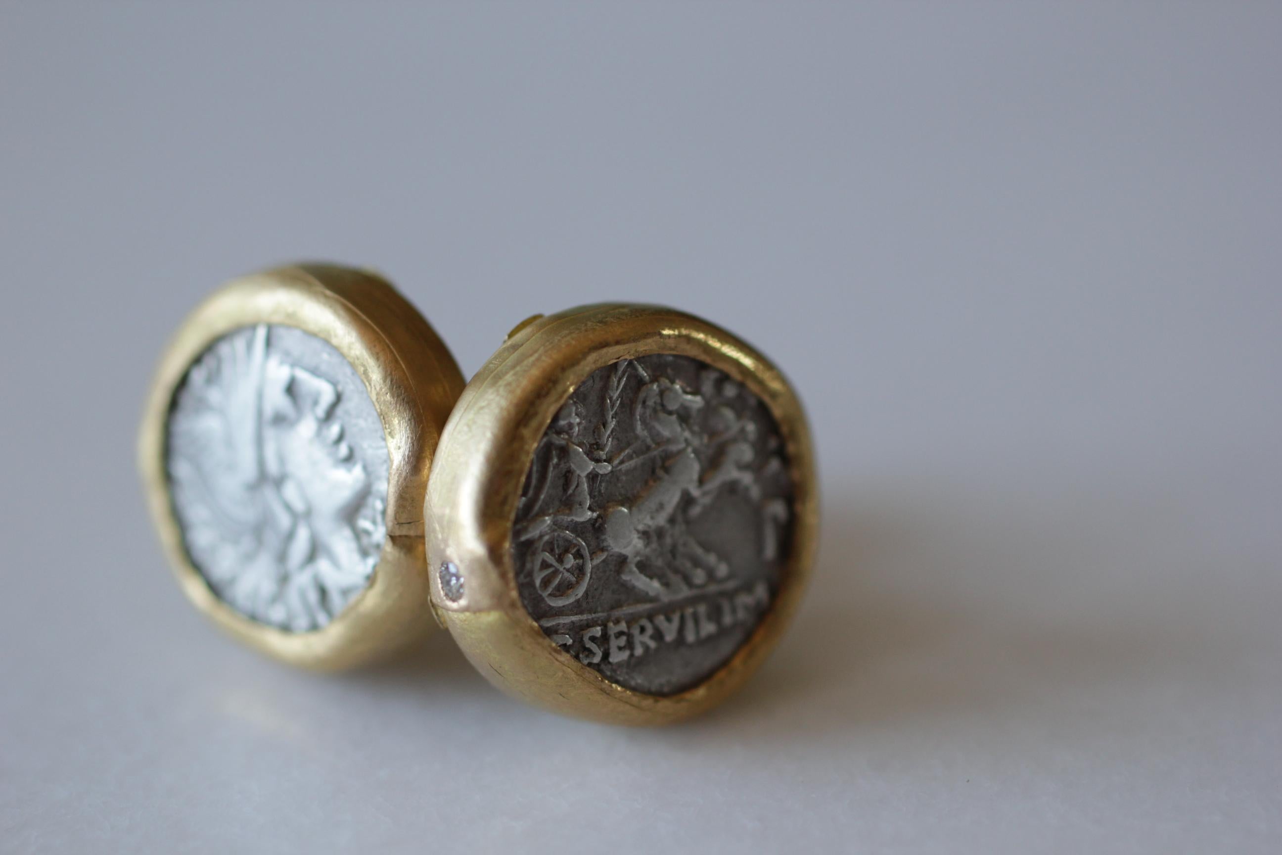 Contemporary Antique Silver Roman Coin 22-21 Karat Gold Cuff Links with Diamonds Cufflinks